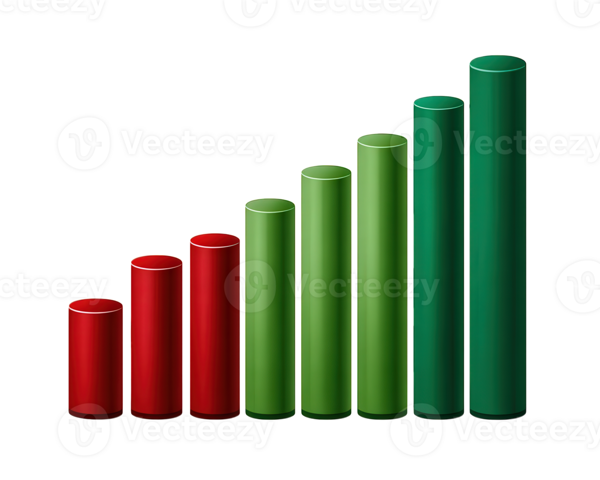 3D bar chart with red and green columns, straight side view, representing financial growth, business data, or stock market performance, isolated on transparency background png