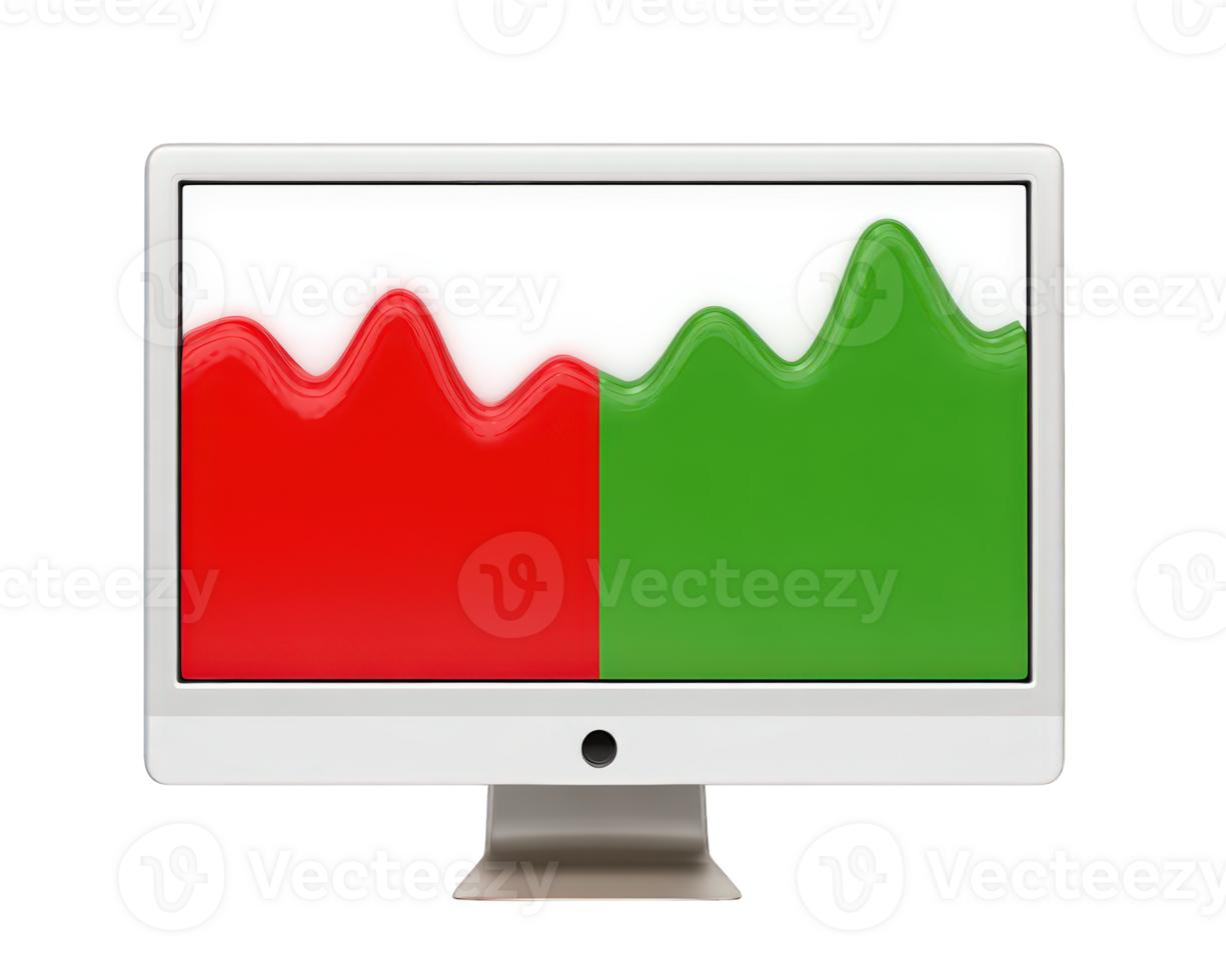 Red and green stock graph icon on computer screen, financial data analysis, market trend, digital display, business concept, isolated on transparency background png