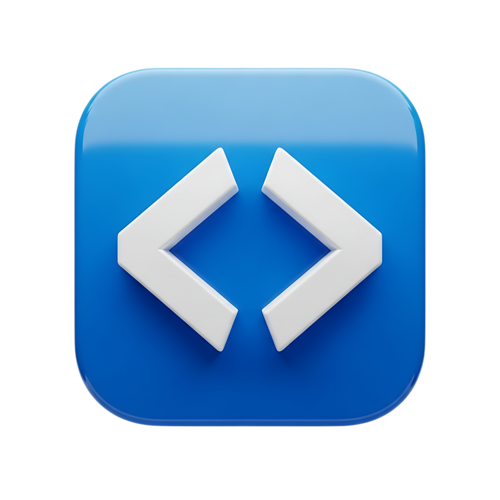 une bleu carré icône avec deux blanc angle supports orienté vers chaque autre, représentant code ou la programmation, isolé sur transparent Contexte png