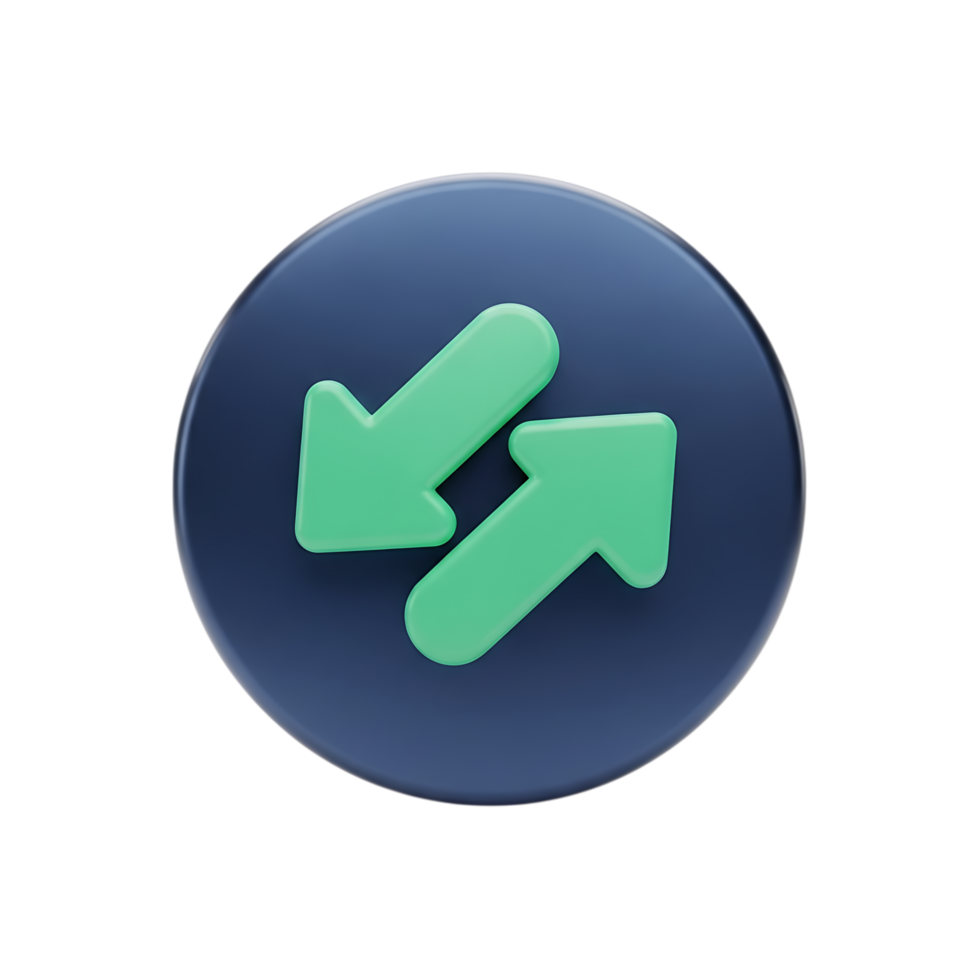 3d render of two green arrows, one pointing down and left, the other up and right, on a dark blue circular background isolated on transparent background png