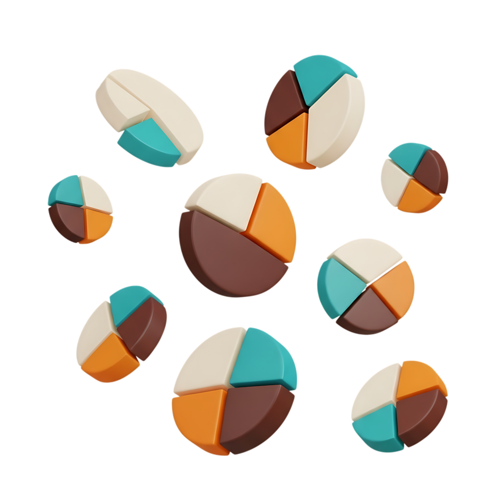 Scattered 3d pie chart segments in various colors and sizes isolated on transparent background png