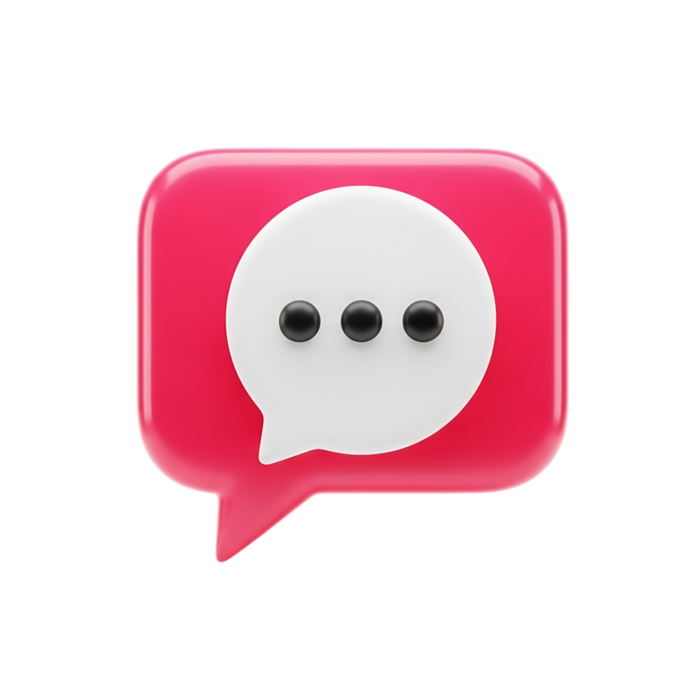 A 3d rendering of a pink speech bubble with three black dots inside, indicating typing or thinking, isolated on transparent background png