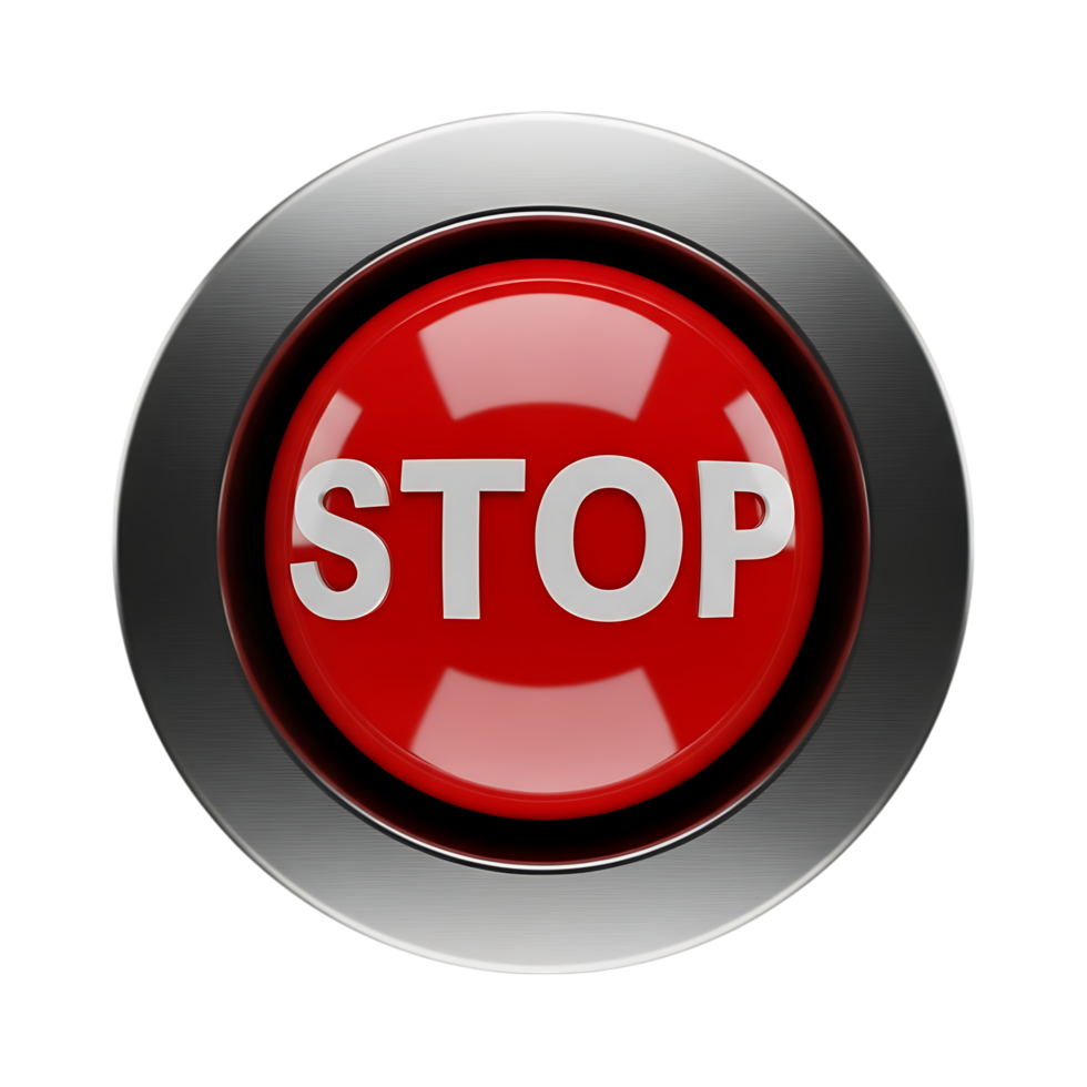 Red stop button with metallic frame isolated on transparent background png