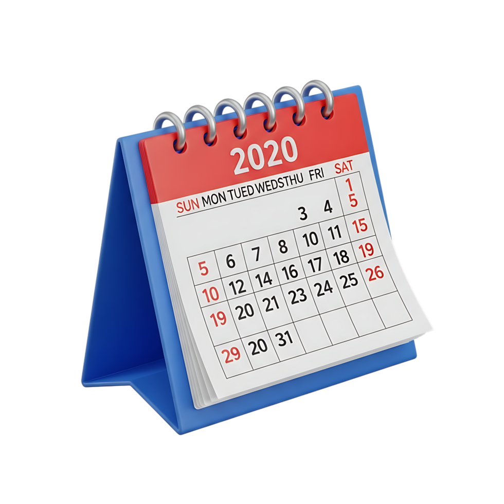 A 3d render of a 2020 desk calendar with a red header and blue stand, isolated on transparent background png