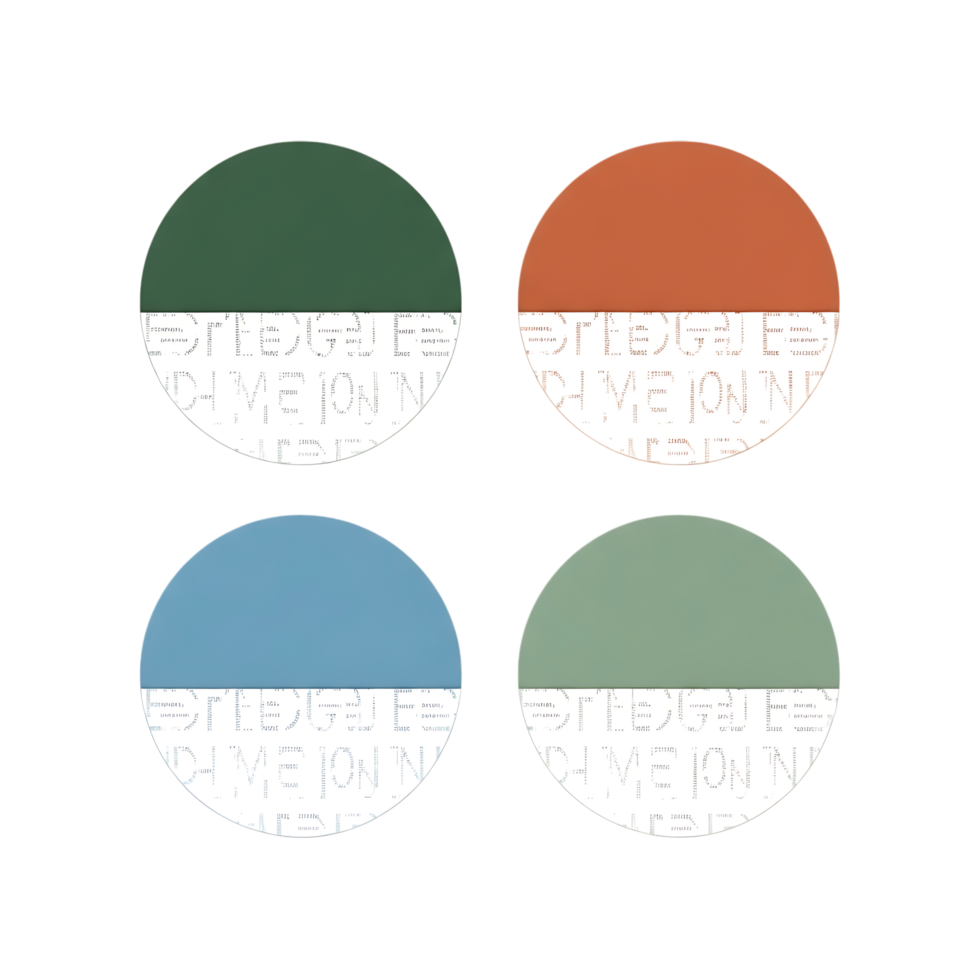 Four circular icons with split colors and subtle text pattern, isolated on transparent background png