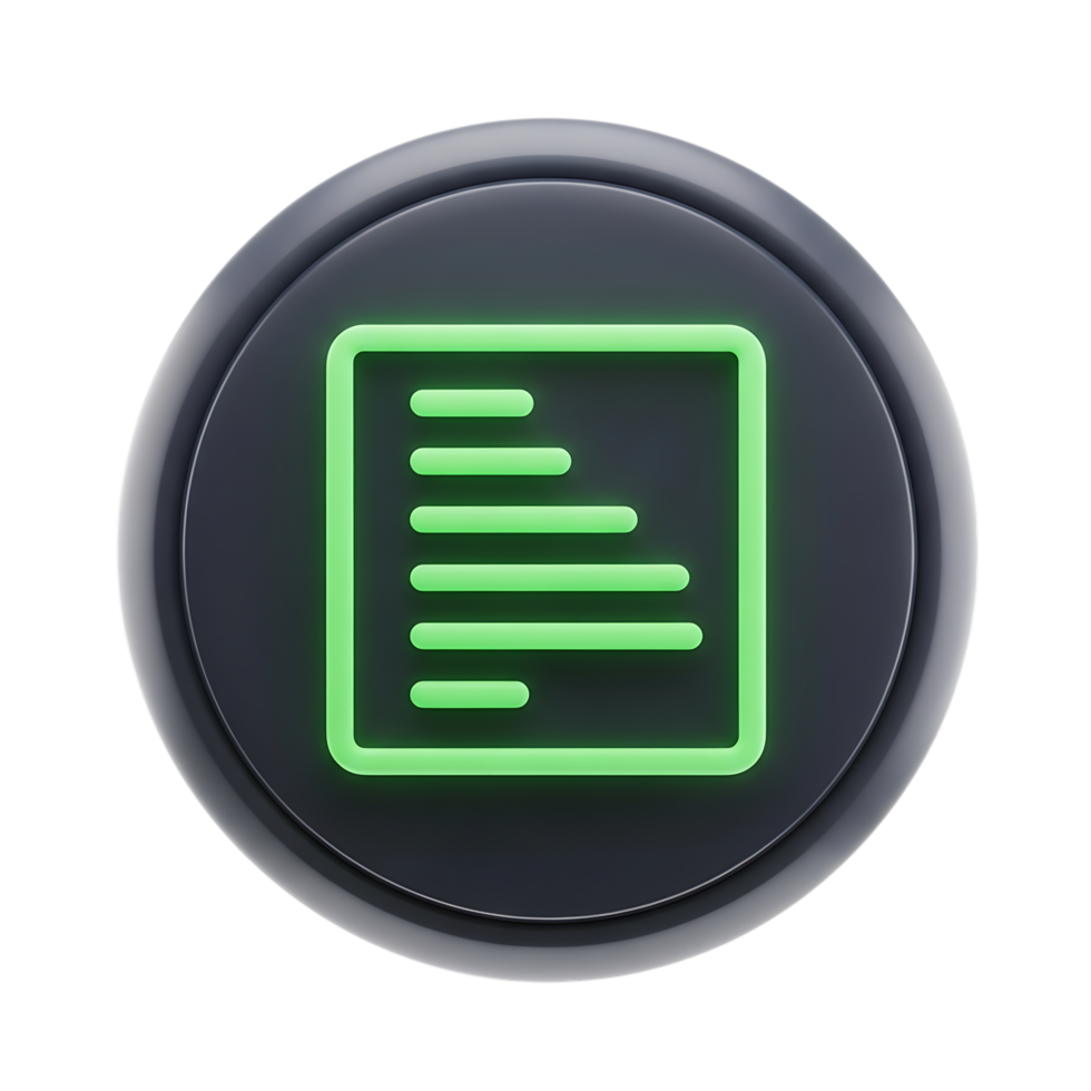 A 3d render of a dark circular button with a neon green outline of text lines, isolated on transparent background png