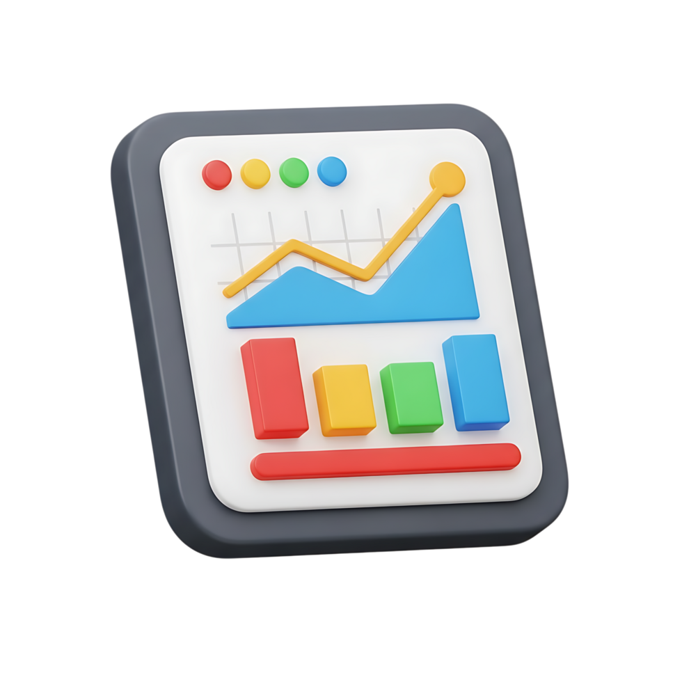 3d render of a financial analytics dashboard with charts and graphs, isolated on transparent background png