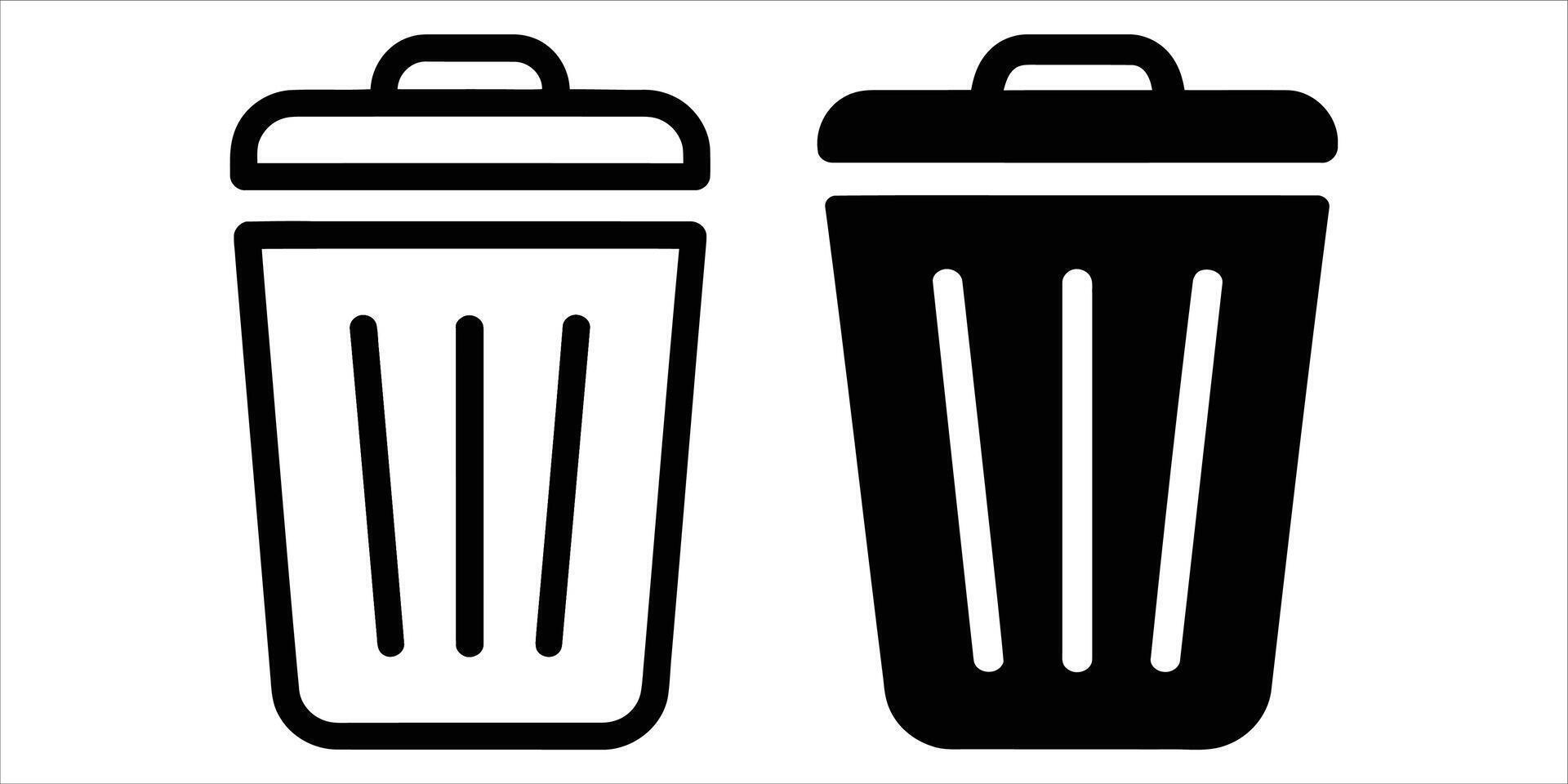 Two trash cans with open lids isolated on white background, one is solid black symbol vector