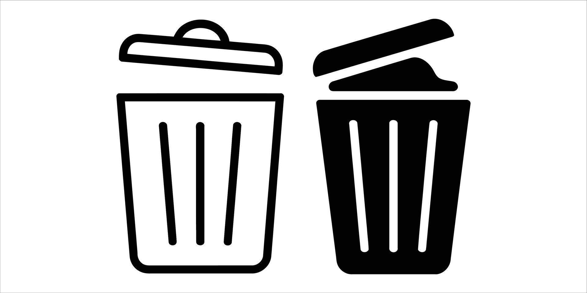 Two trash cans, one with an open lid, isolated on white background in black and white vector