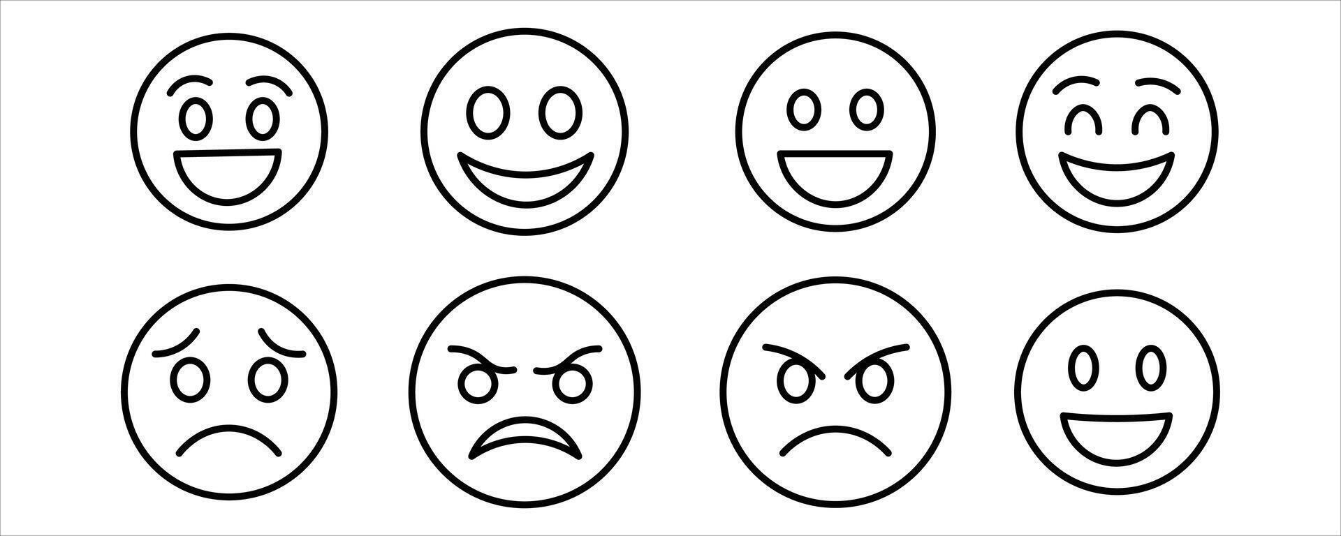Set of simple line art emoticons with different facial expressions isolated on white background vector