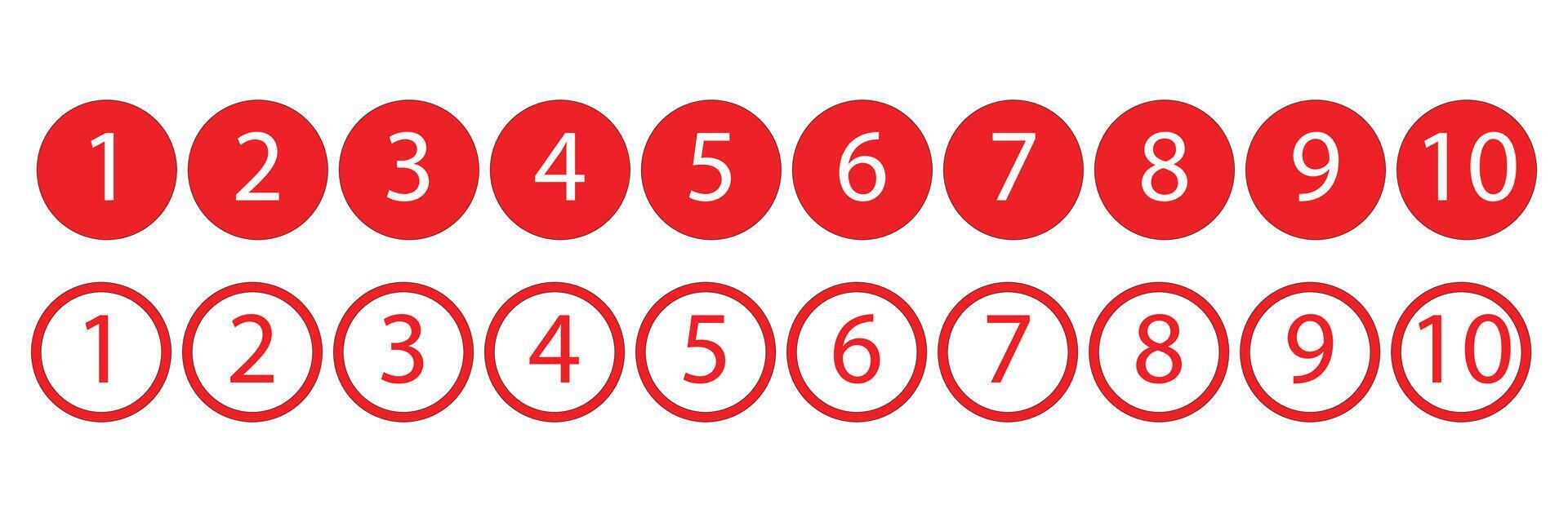 Red numbers from one to ten in circles isolated on white background for education vector