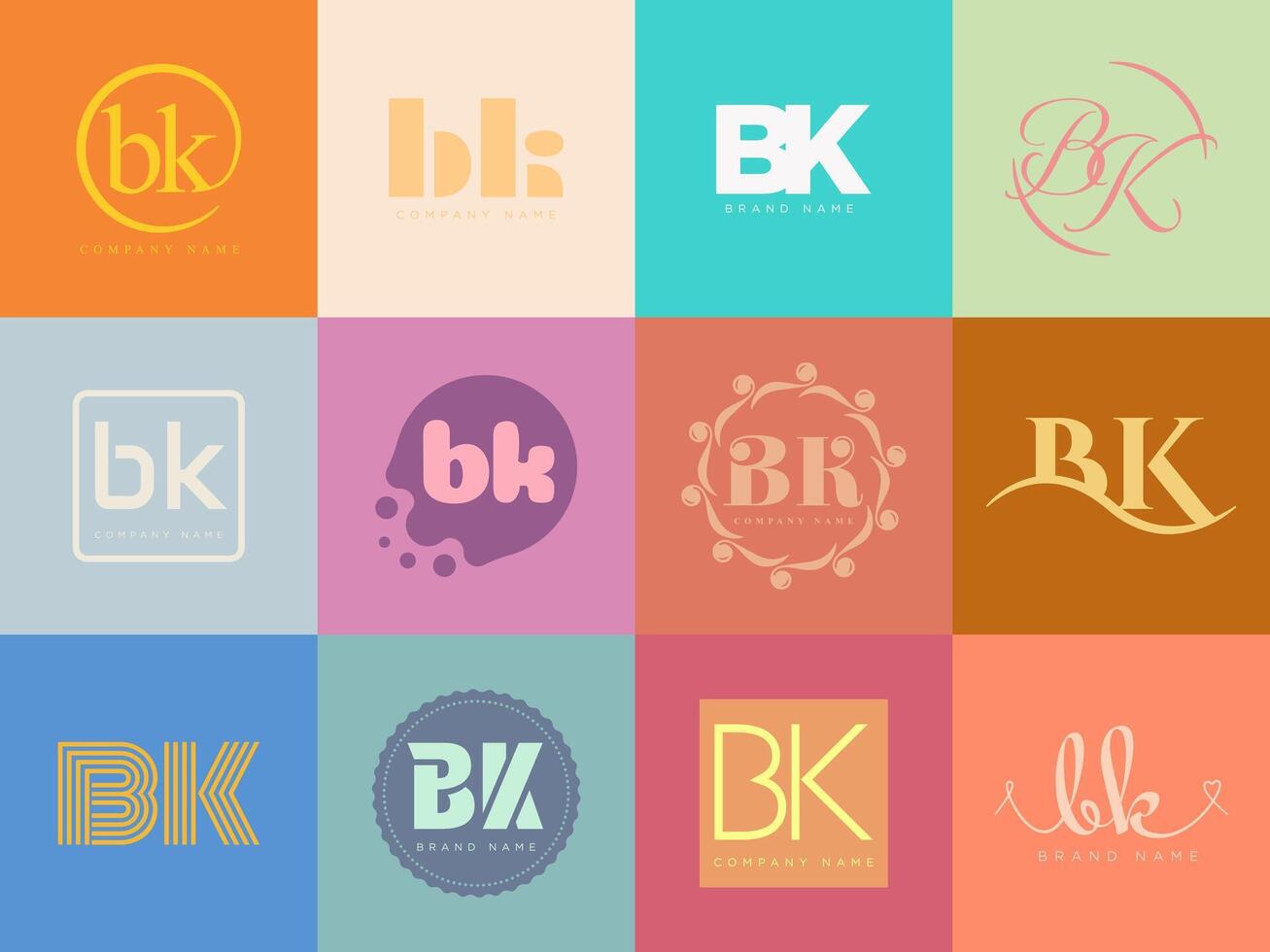 BK logo template. Letter b and k logotype. Set different classic serif lettering and modern bold text with design elements. Initial font typography. vector