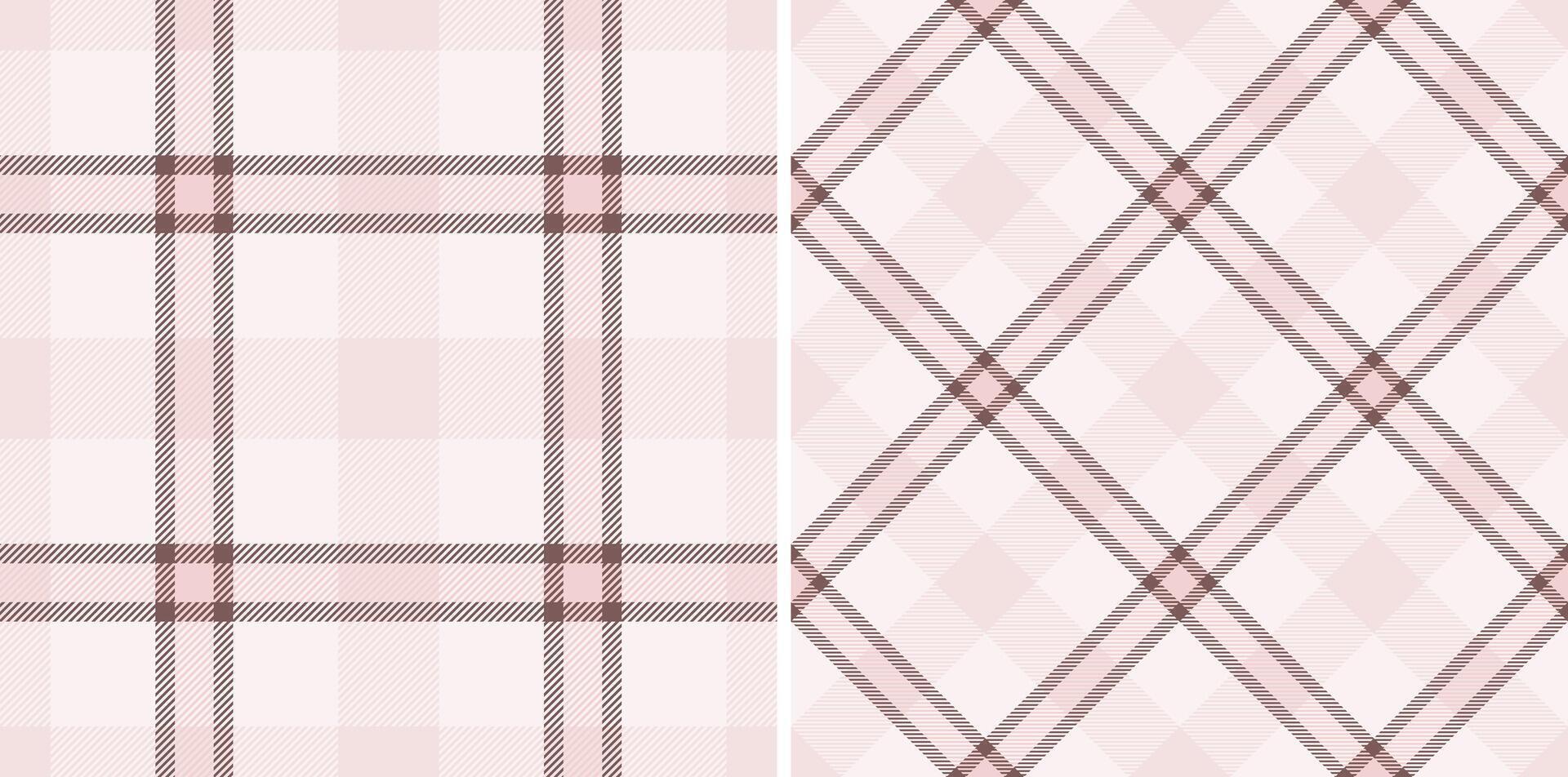 Two pink plaid textile patterns, a classic grid, a diagonal argyle variation. Seamless design. Ideal for backgrounds, fashion, or crafting projects. Soft, elegant. vector
