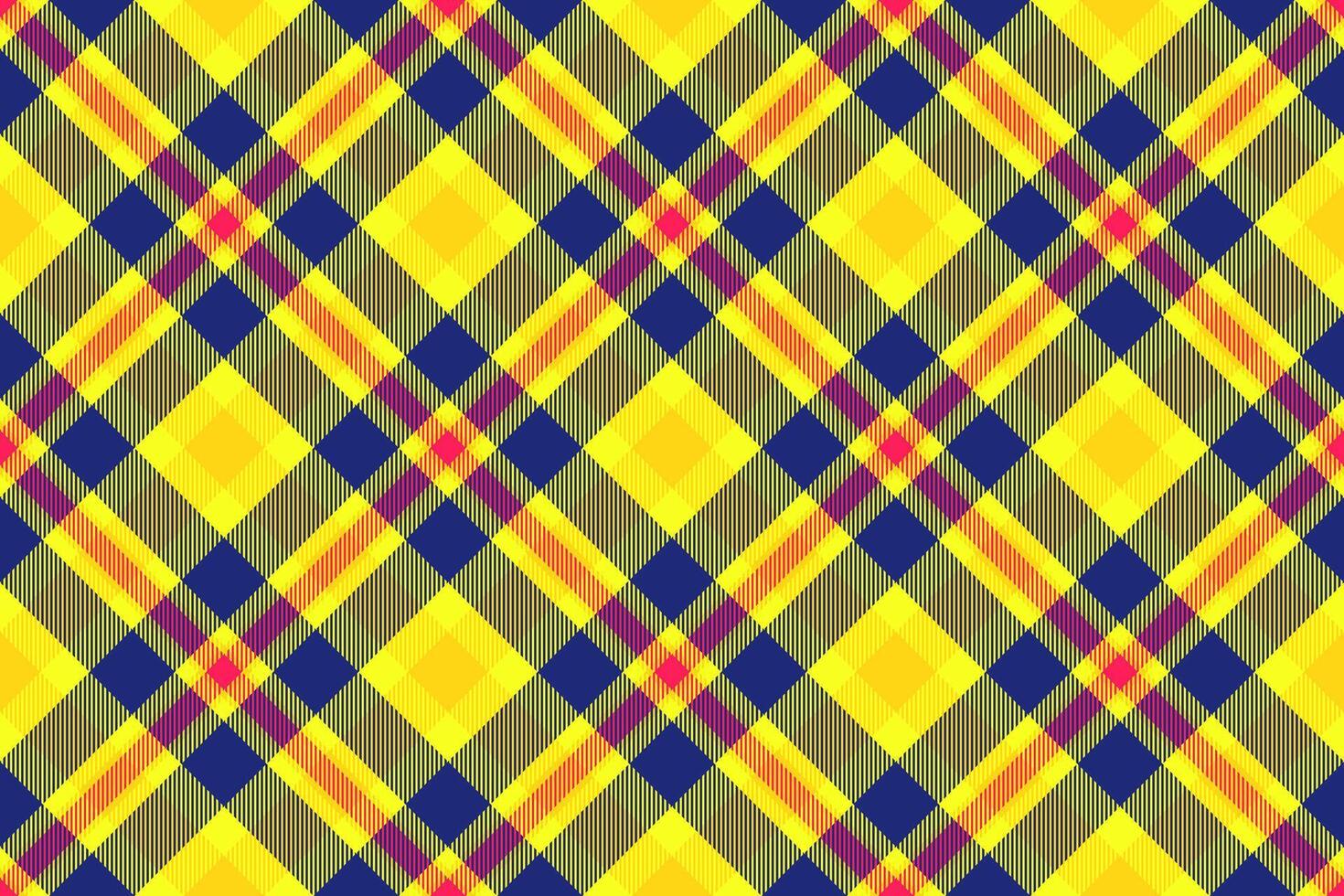 Vibrant plaid pattern with interwoven lines of bright yellow, navy blue, and touches of red. Timeless textile design. Ideal for backgrounds, apparel, and creative projects. vector