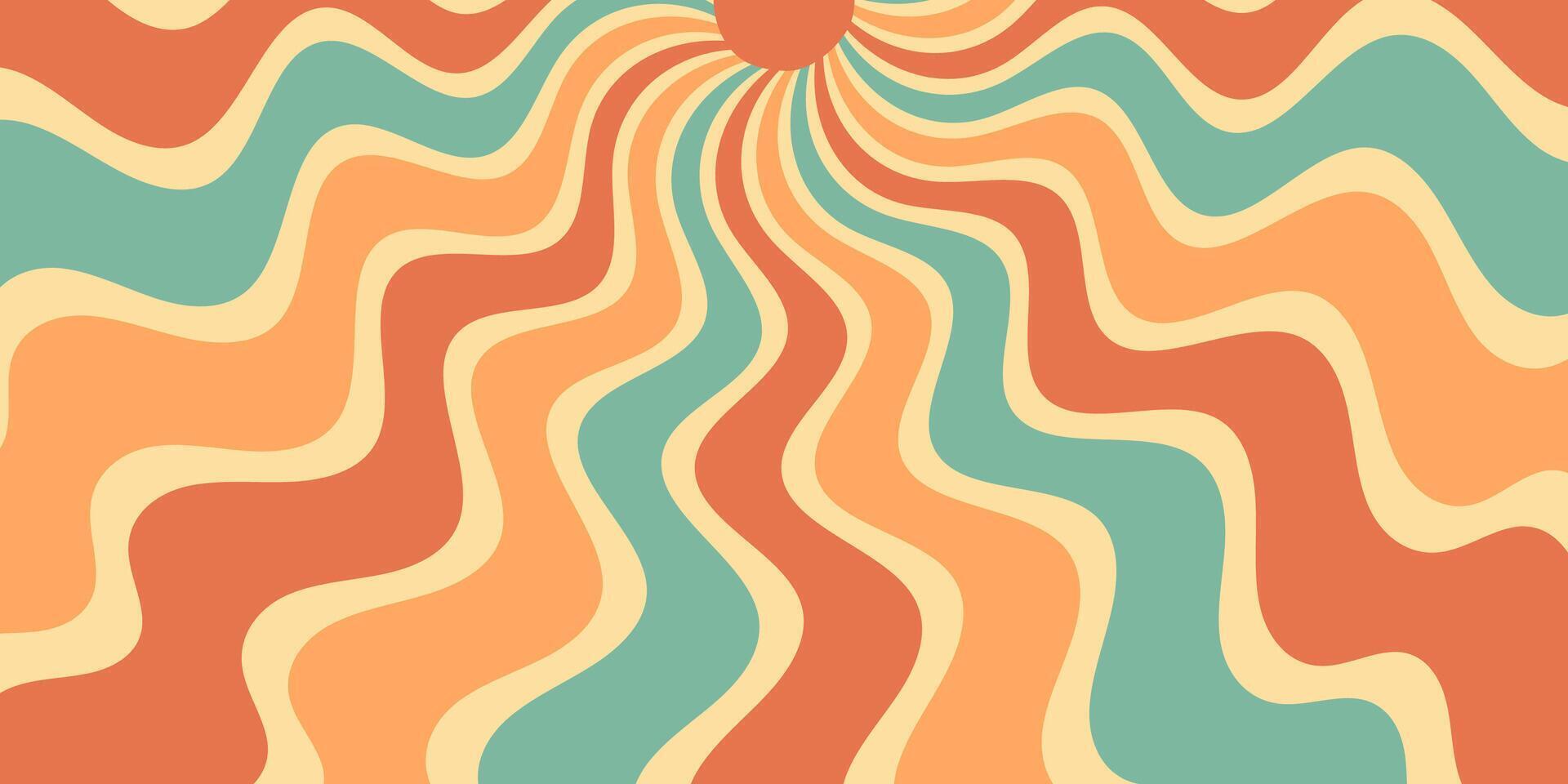 Groovy retro burst background with wavy orange and yellow lines forms bold sunshine and sun in horizontal orientation. Sunshine sun meet y2k graphic style with an energetic, abstract sun burst vector