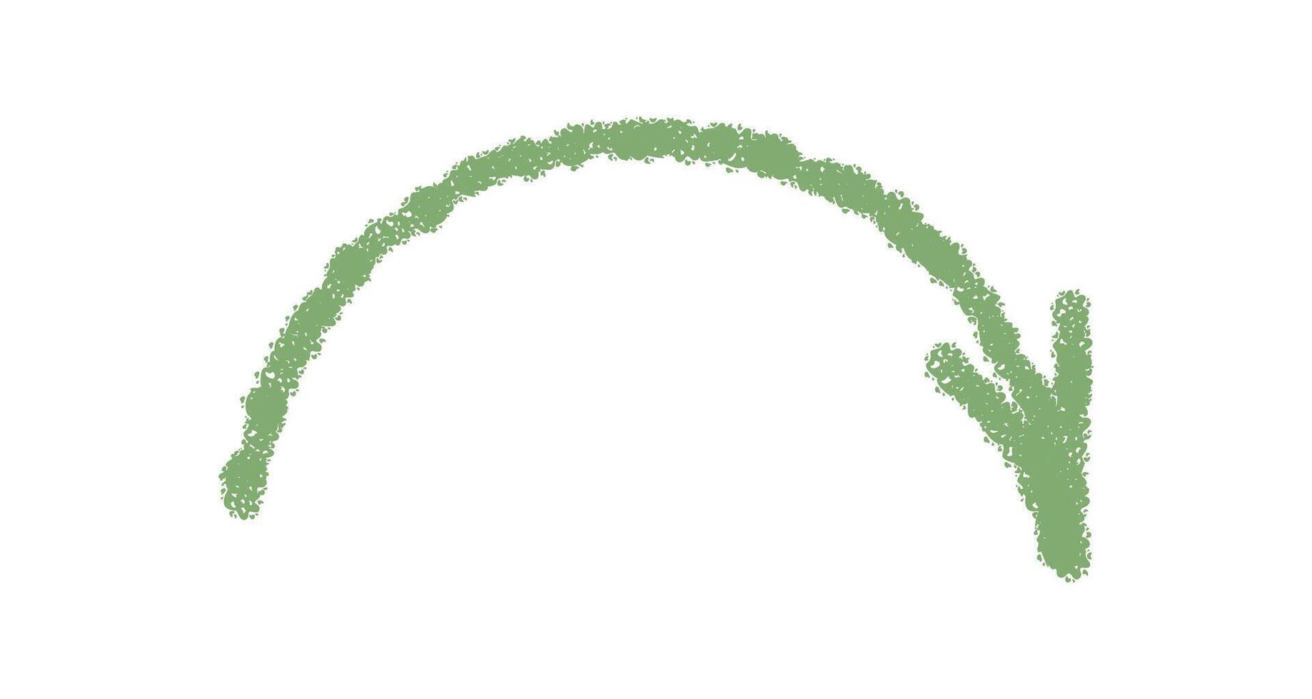 Wavy crayon arrow icon in green with hand drawn chalk stroke. Down pointer element with rough outline presents vivid sketch style for decor, template or modern symbol use. vector