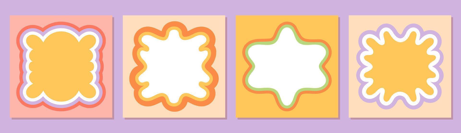 Groovy colorful rectangle frame set in retro cartoon graphic style with wavy border outline. Abstract shape forms a playful graphic background, bubble edge and y2k element for creative projects. vector