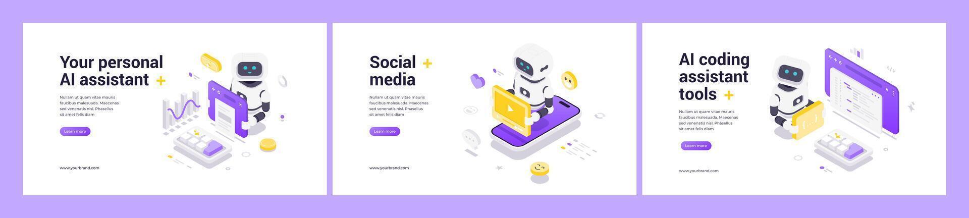 Futuristic Isometric Web Banner Templates Featuring AI Technology For Coding Media And Assistance vector