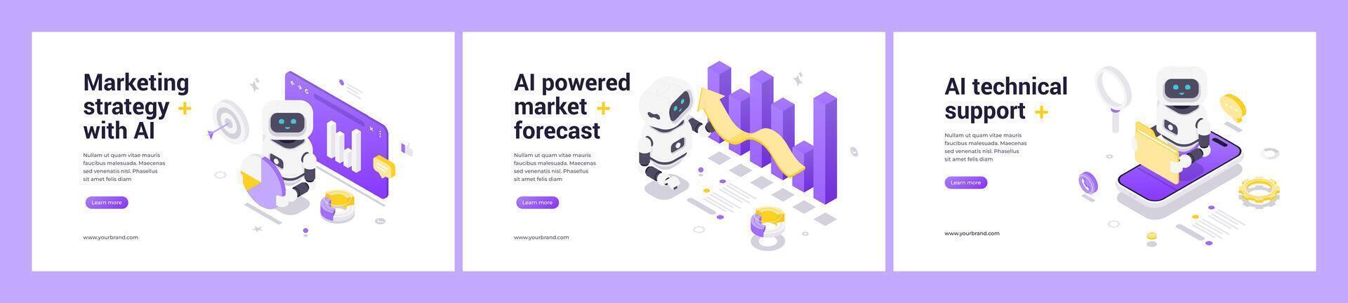 Modern Isometric Web Banner Templates With AI Technology For Marketing Forecasting And Technical Support vector