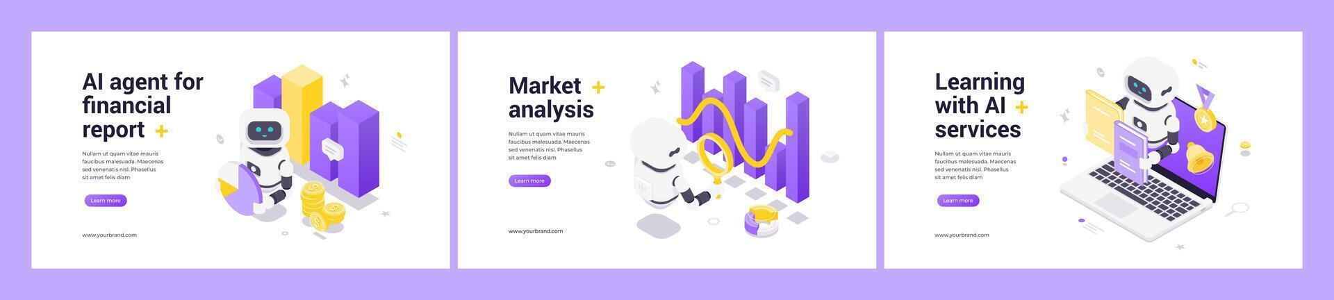 Modern Isometric AI Web Banner Templates For Financial Reporting Market Analysis And Learning Services Solutions vector