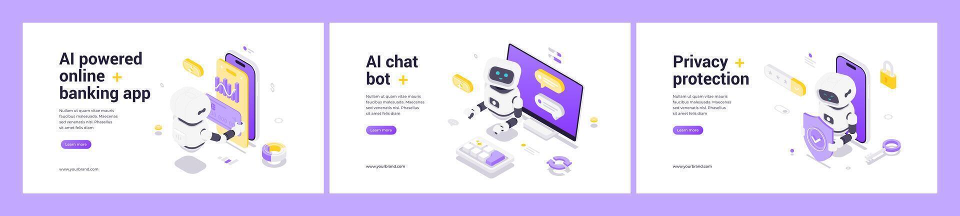 Modern Isometric AI Powered Online Banking Application Chat Bot And Privacy Protection Security Banner vector