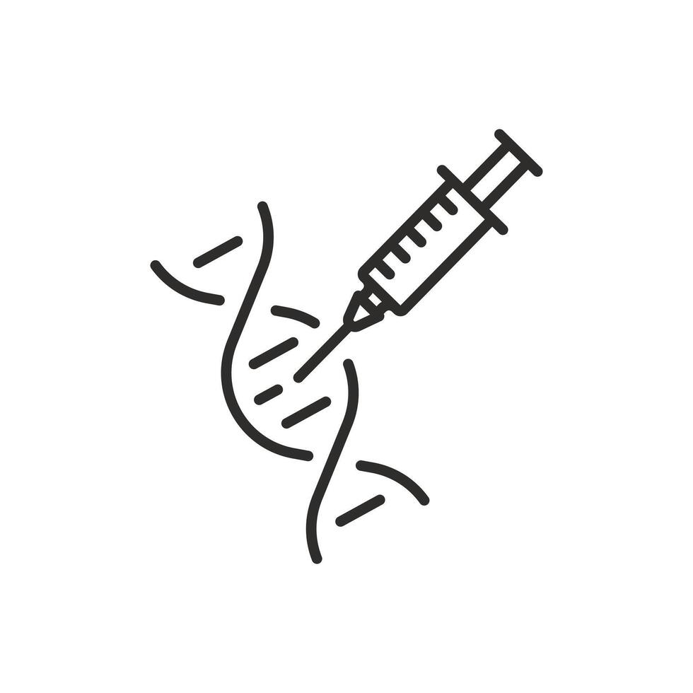 gmo icon, dna helix with syringe injected, genetically modified organism, bioengineering concept, thin line symbol editable stroke illustration vector