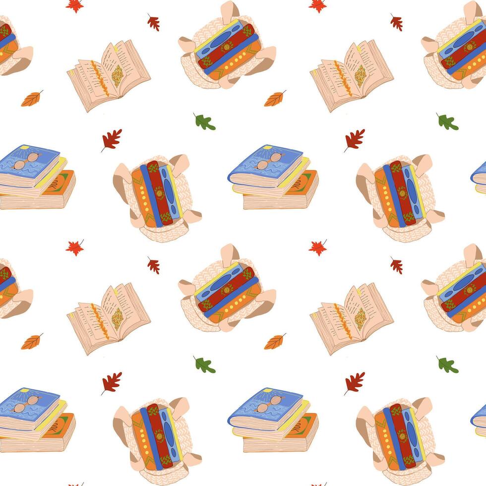 Cute seamless pattern of open books, stack of books and book in open bag hand drawn on white background. Cozy autumn book pattern vector