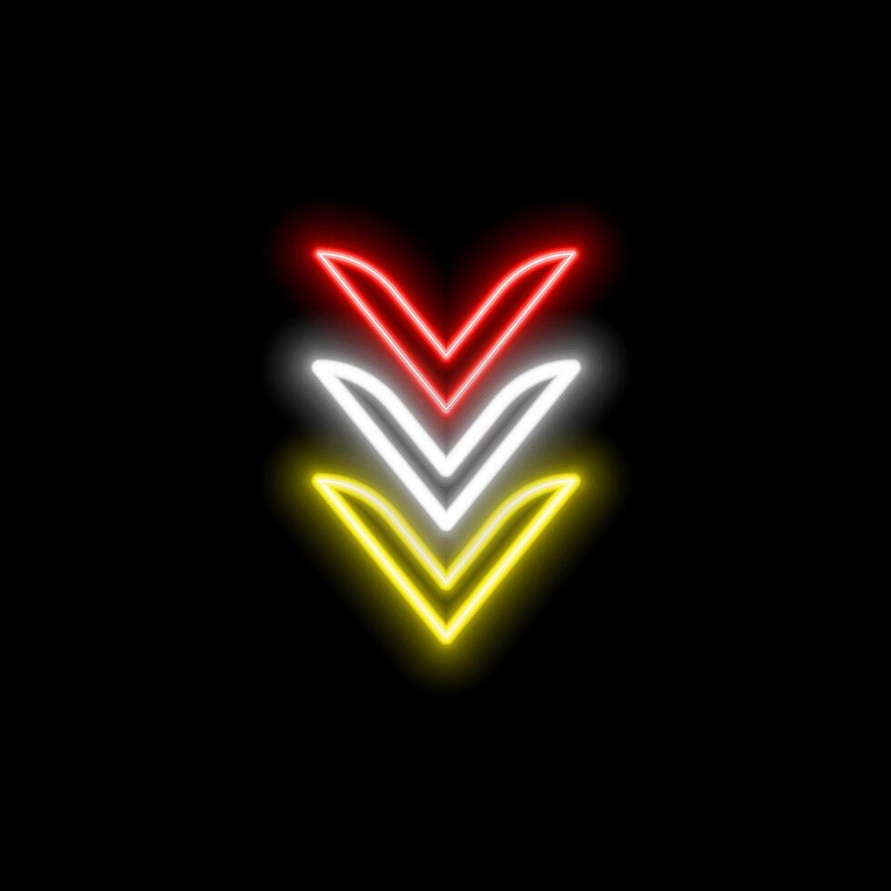 Neon arrow symbol icon. Black background with arrow direction down. Directional sign. The red arrow points down. vector