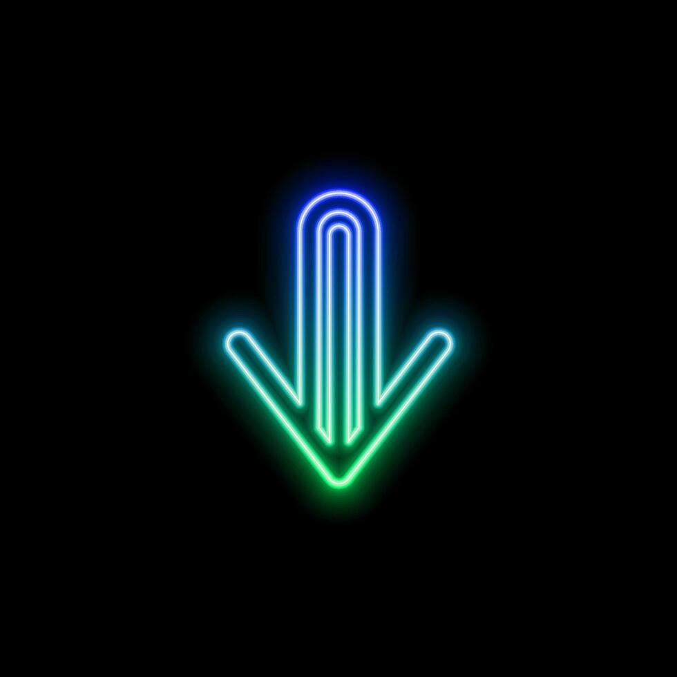 Neon arrow set. 3D set of glowing arrows in different directions. Glossy up, right, down and left arrow buttons. Set of light blue icons for web and mobile game design on isolated dark background. vector