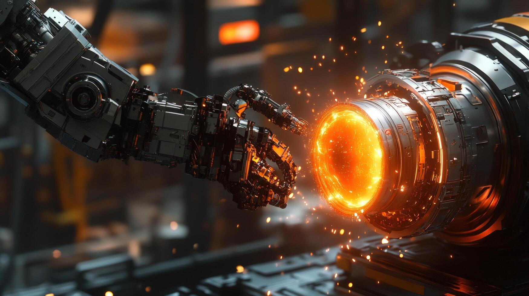Advanced robotic arm interacts with glowing engine component in a futuristic factory setting photo