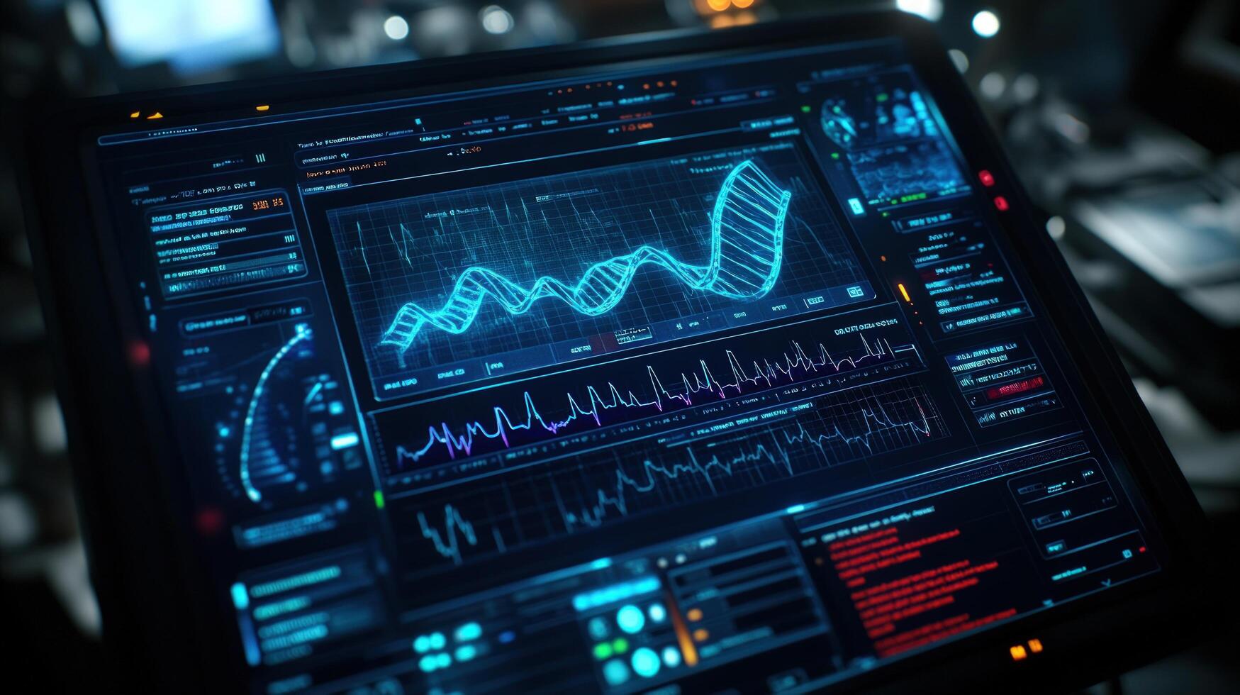 Futuristic digital dashboard with complex data visualizations photo