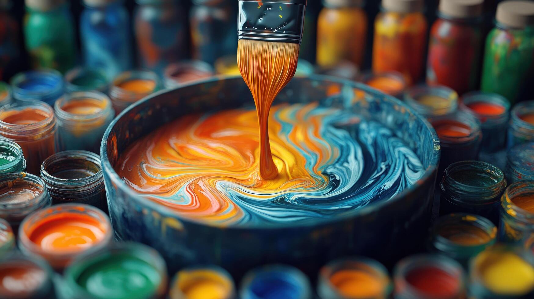 vistoso pintar arremolinándose en un bol, rodeado por varios pintar frascos foto