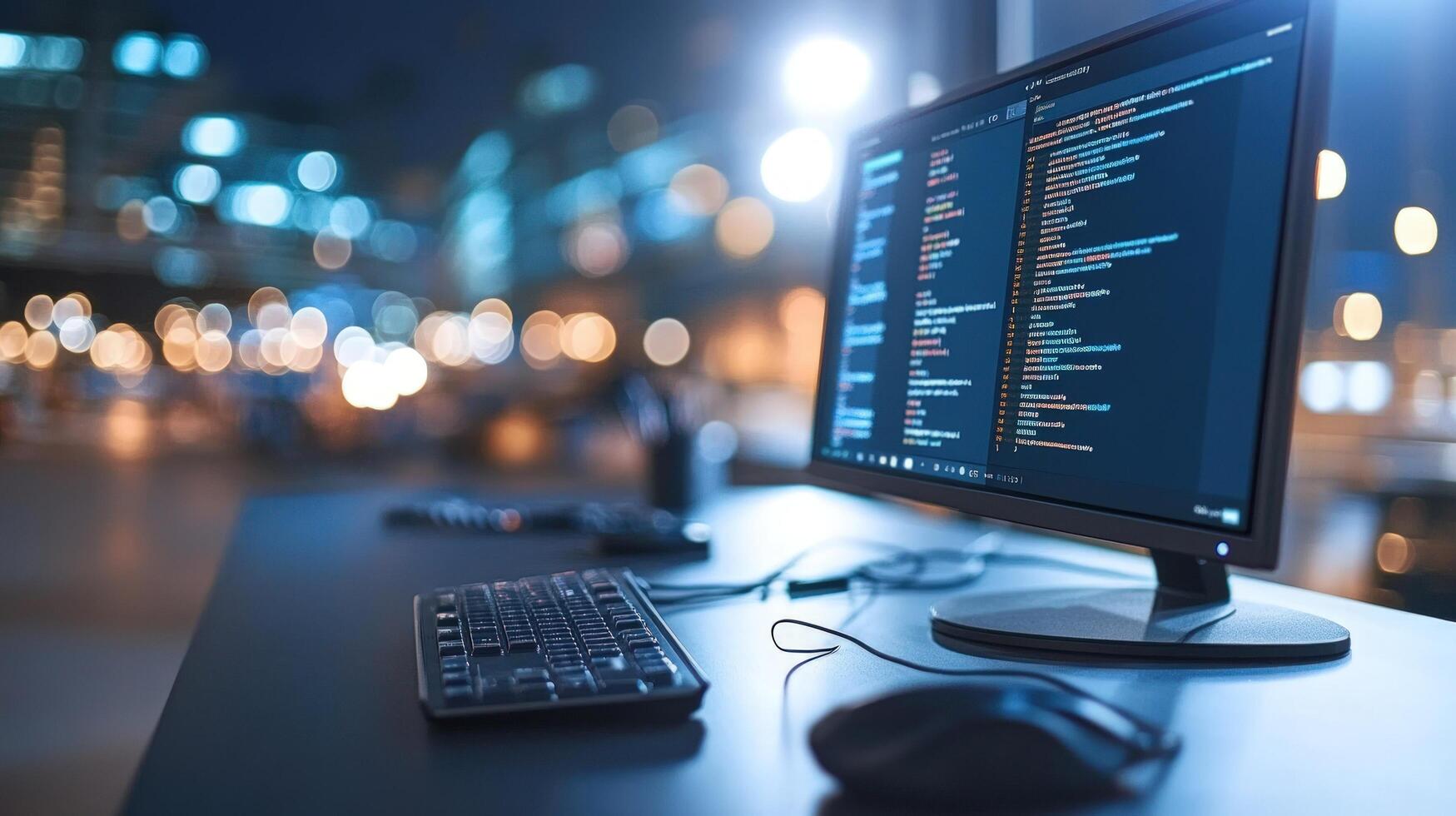 Computer screen displays programming code on a dark workspace with bokeh lights photo