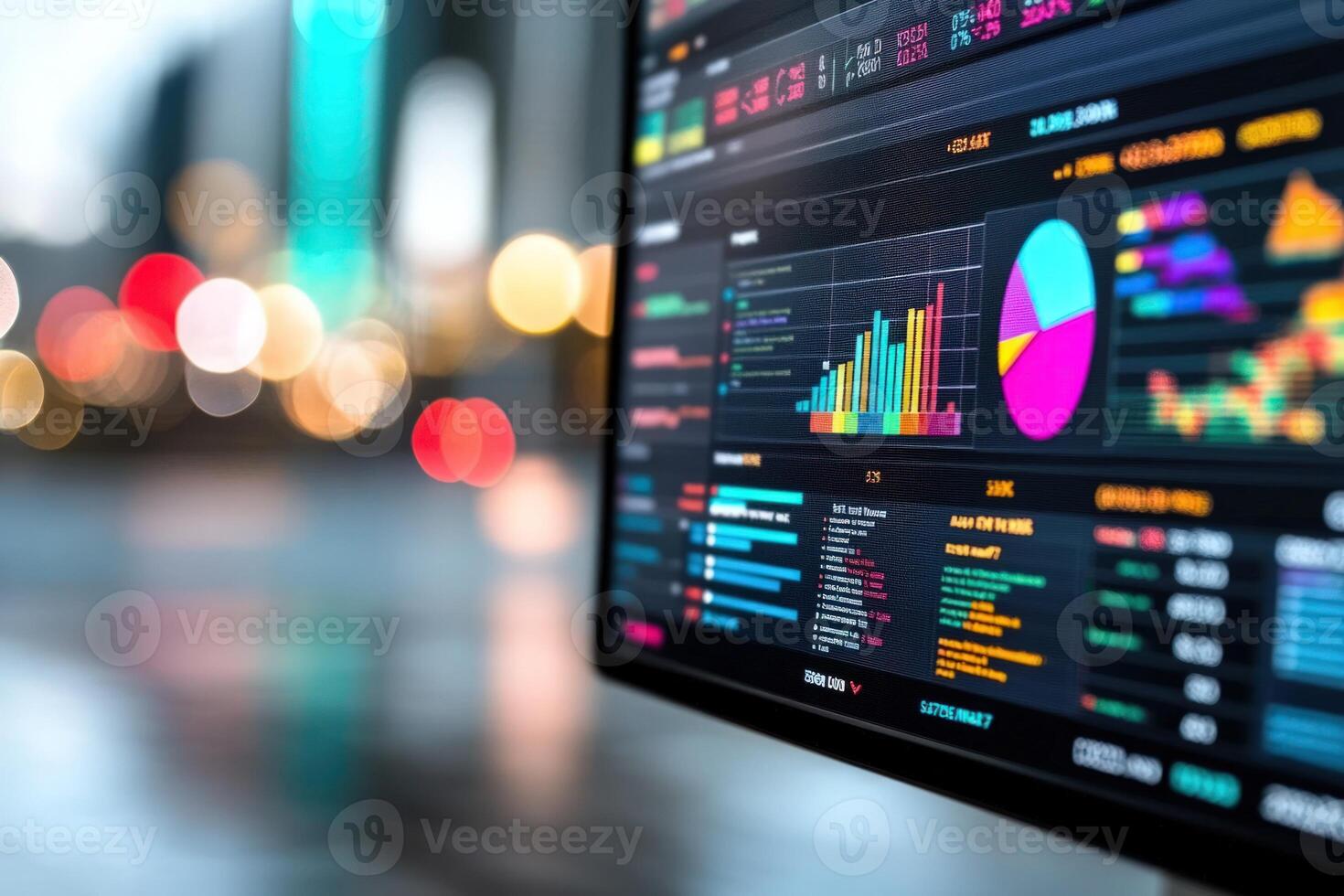 Financial data displayed on computer monitor with colorful charts and graphs photo