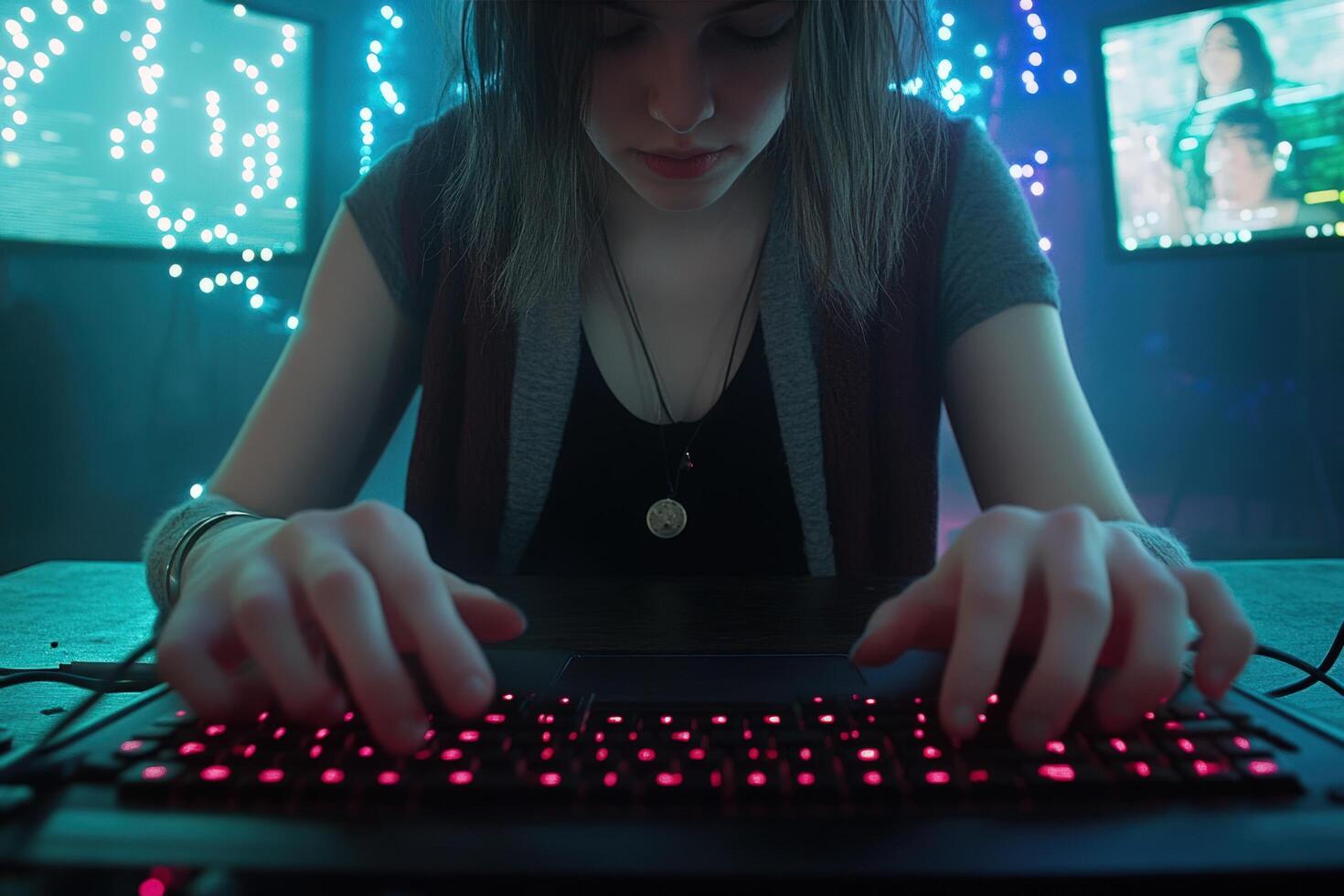 Focused typing on a red backlit keyboard in a modern tech setting photo