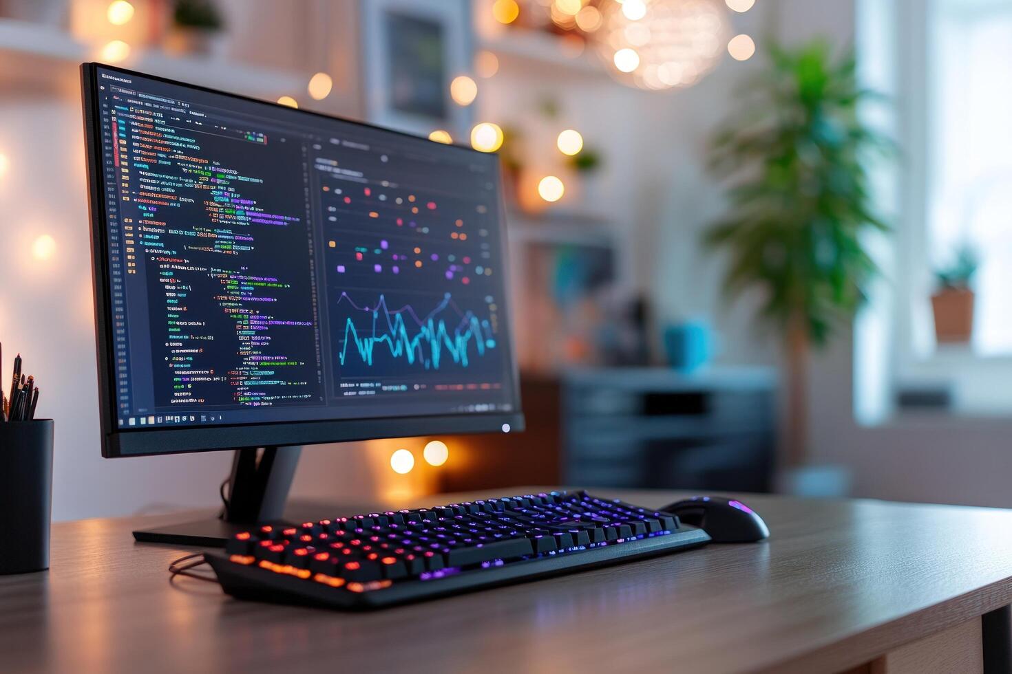 Computer screen displaying code and data charts with keyboard mouse on desk for technology and business photo