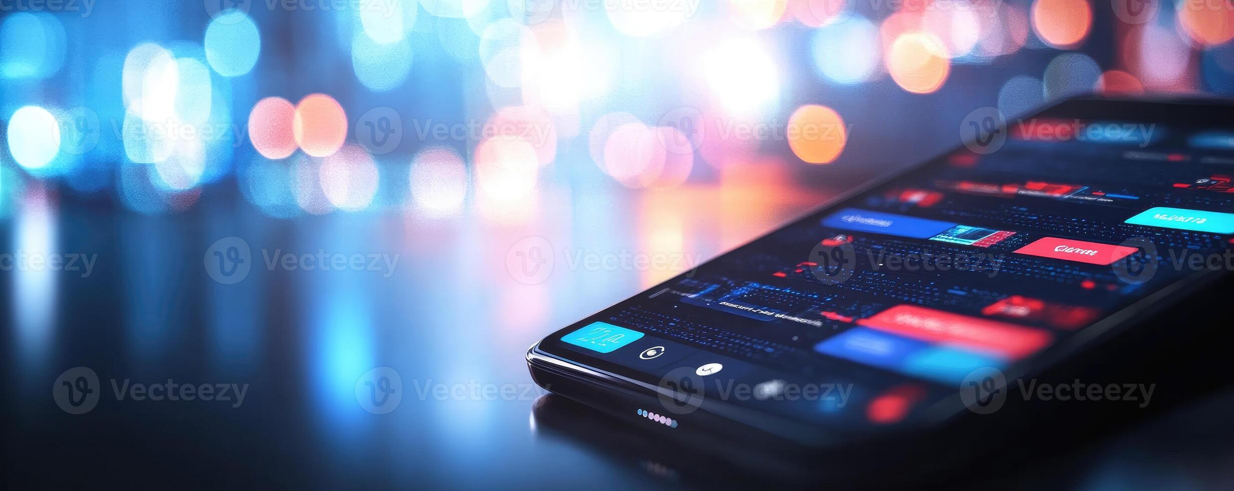 Mobile device displaying data application on dark surface with bokeh lights photo
