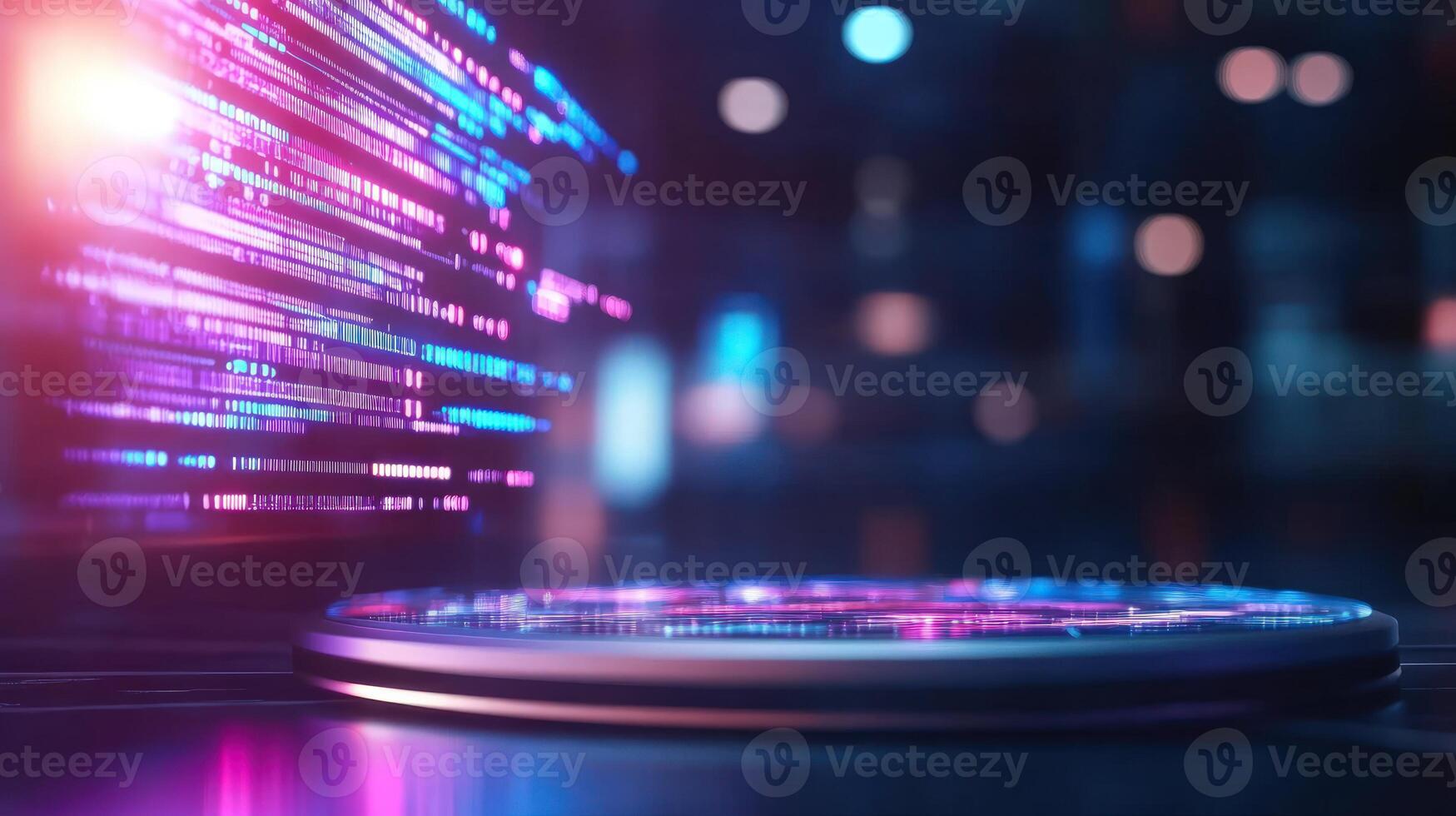 Abstract data streams on illuminated platform technology background photo