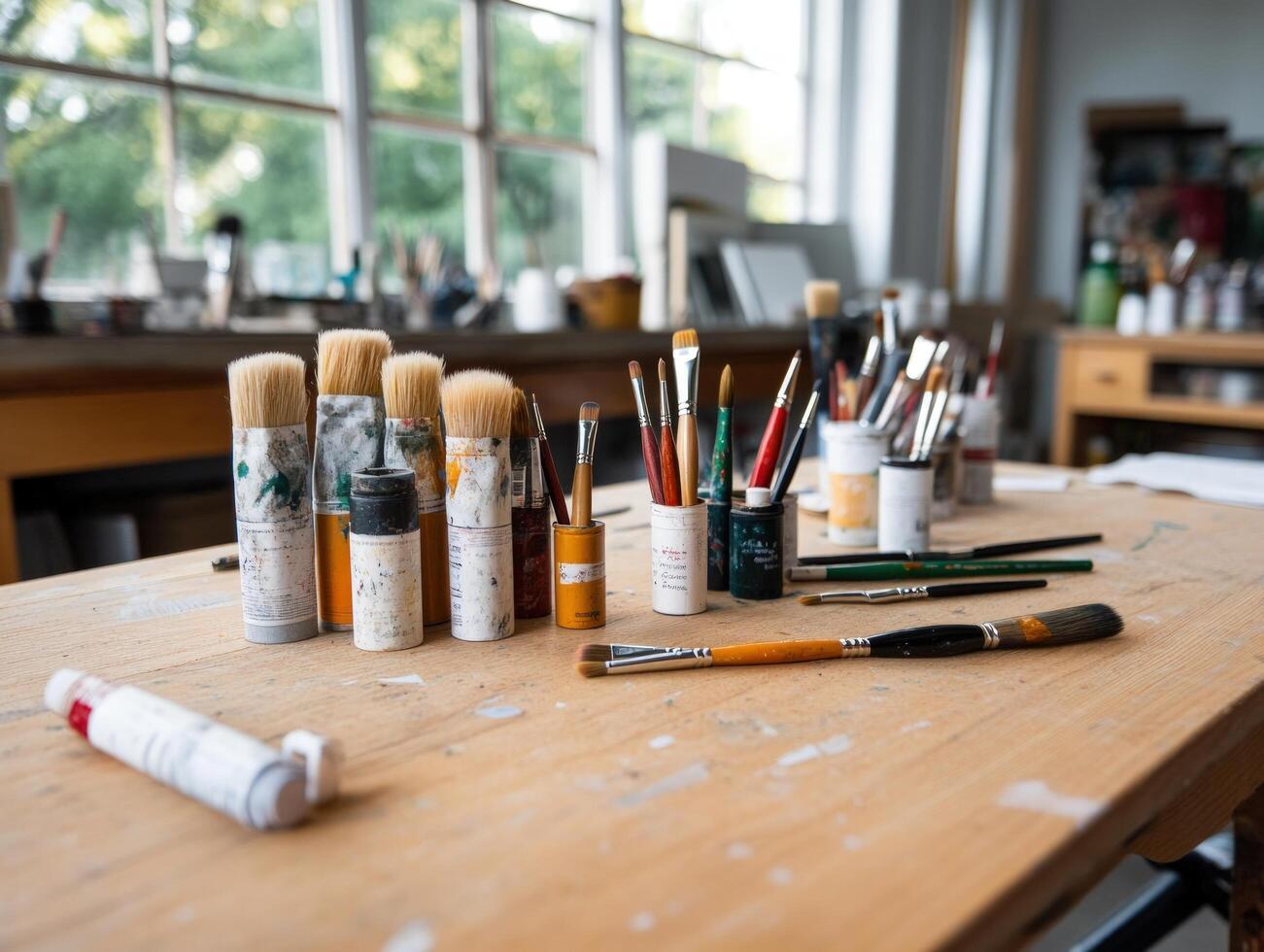 pinceles y pintar tubo en de madera mesa Arte todavía vida composición foto