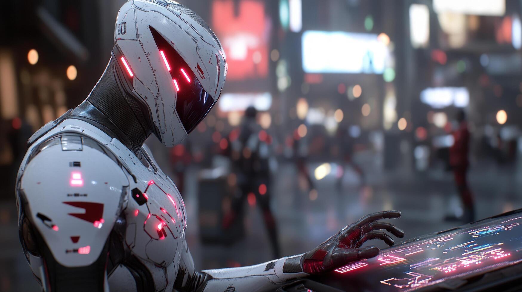 Android operating futuristic computer in urban technological environment photo