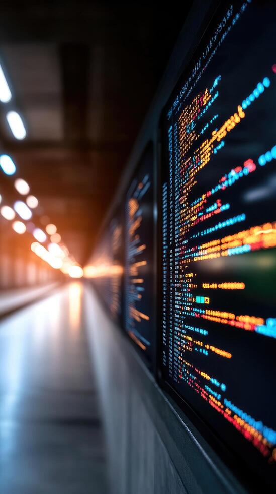 Computer code on screen display data and technology in digital programming software and cybersecurity system photo