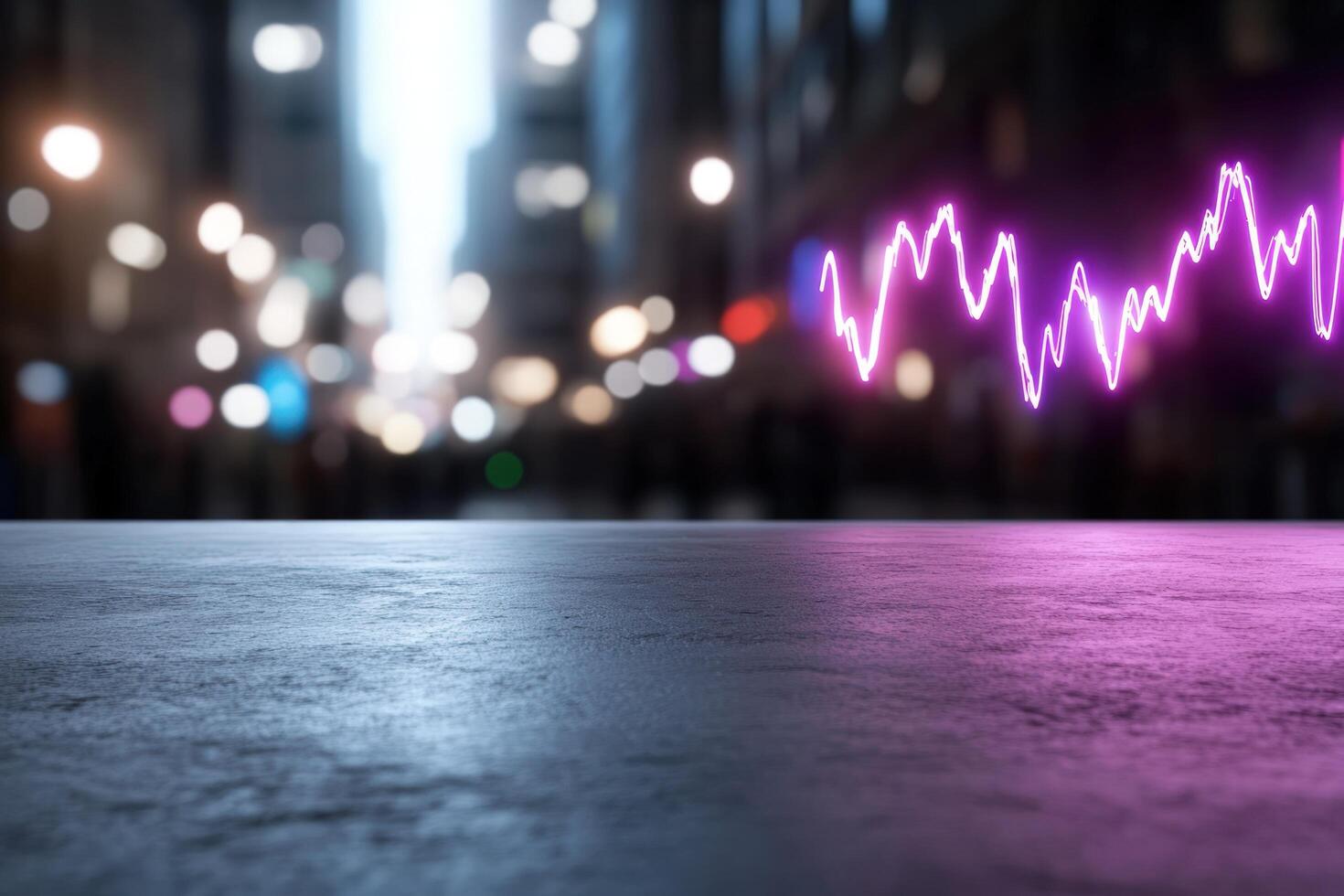 Neon data graph on concrete surface with bokeh cityscape background photo