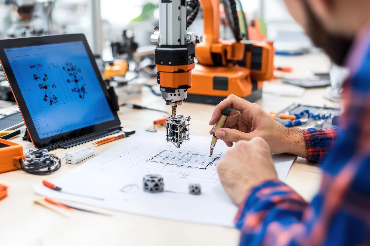 Automation design engineering with robotics and technical drawing photo