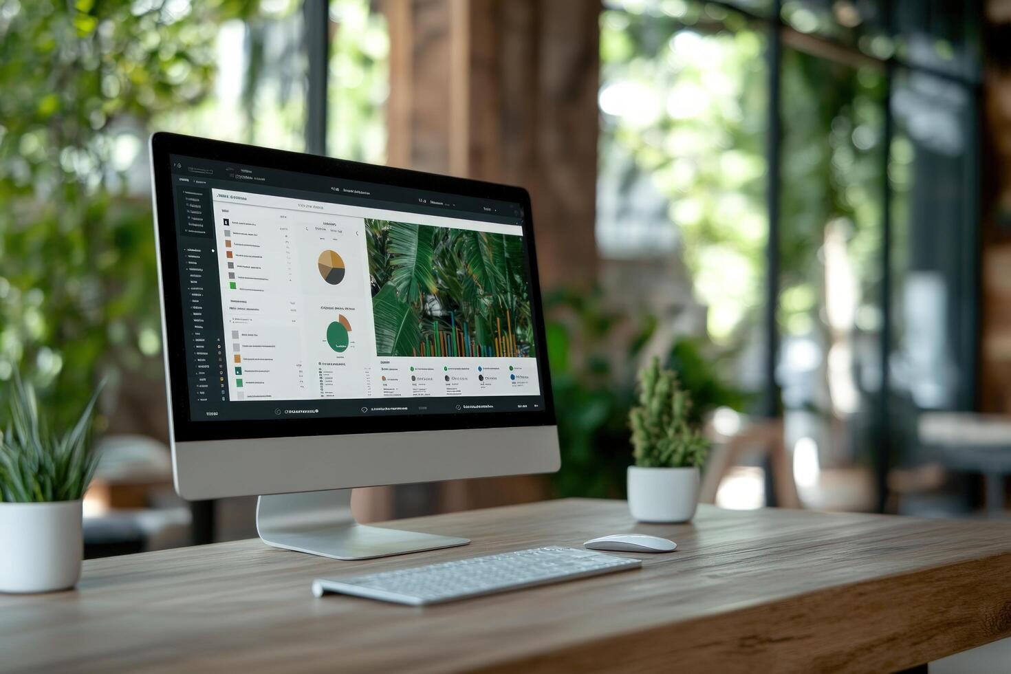 Desktop computer displaying data visualization in a modern workspace photo