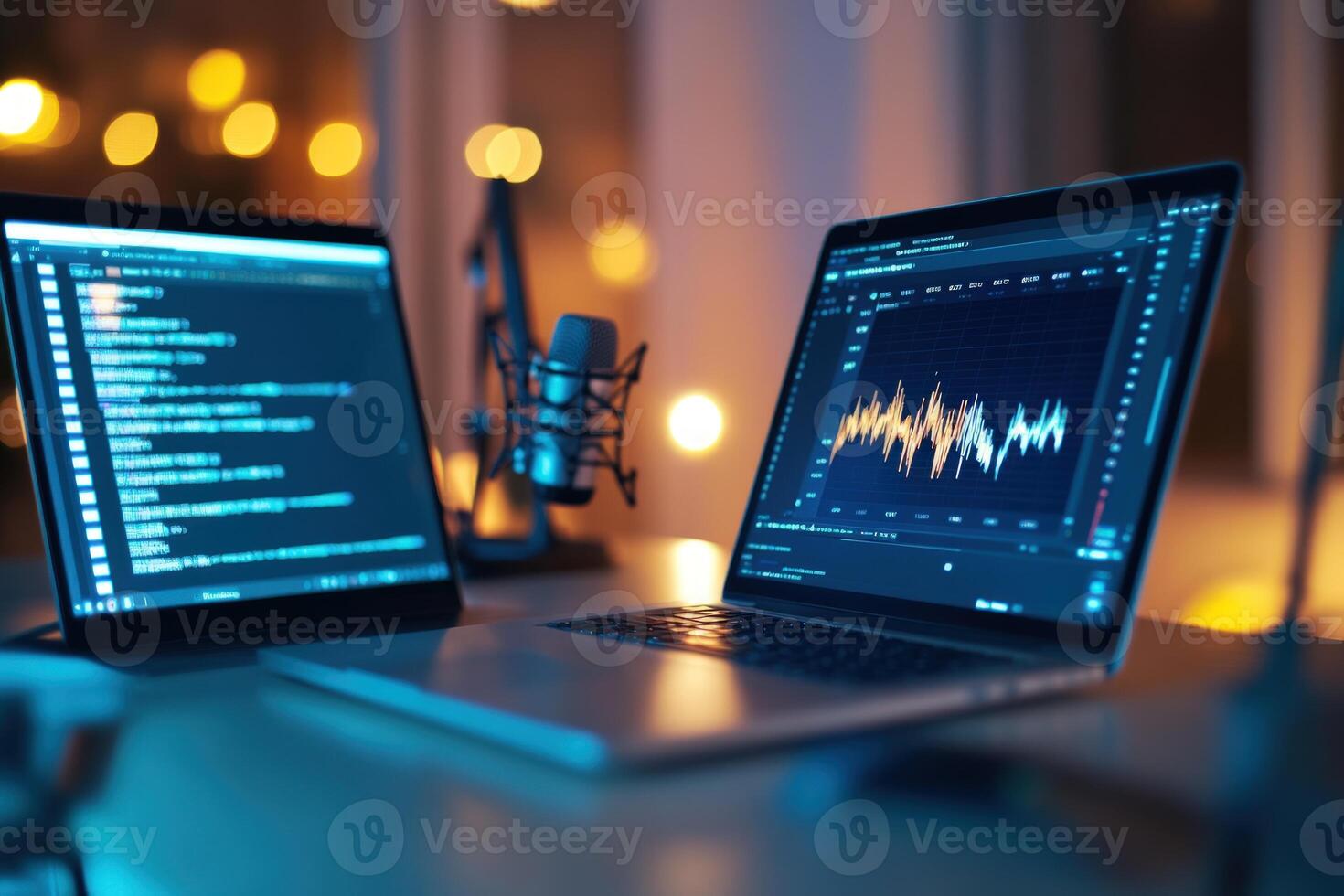 Programming and data analysis on laptops with microphone setup in dim lighting photo