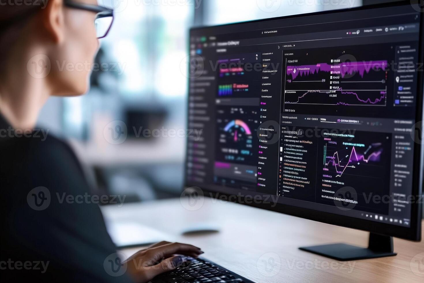 Data analysis on desktop computer with graph and chart displays photo