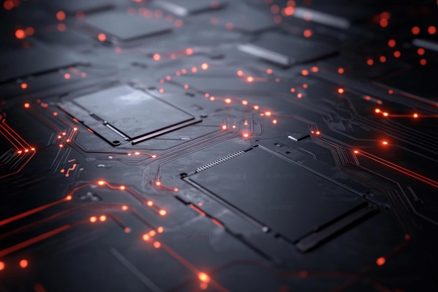 Dark computer circuit board showing intricate system connections and microchip technology photo