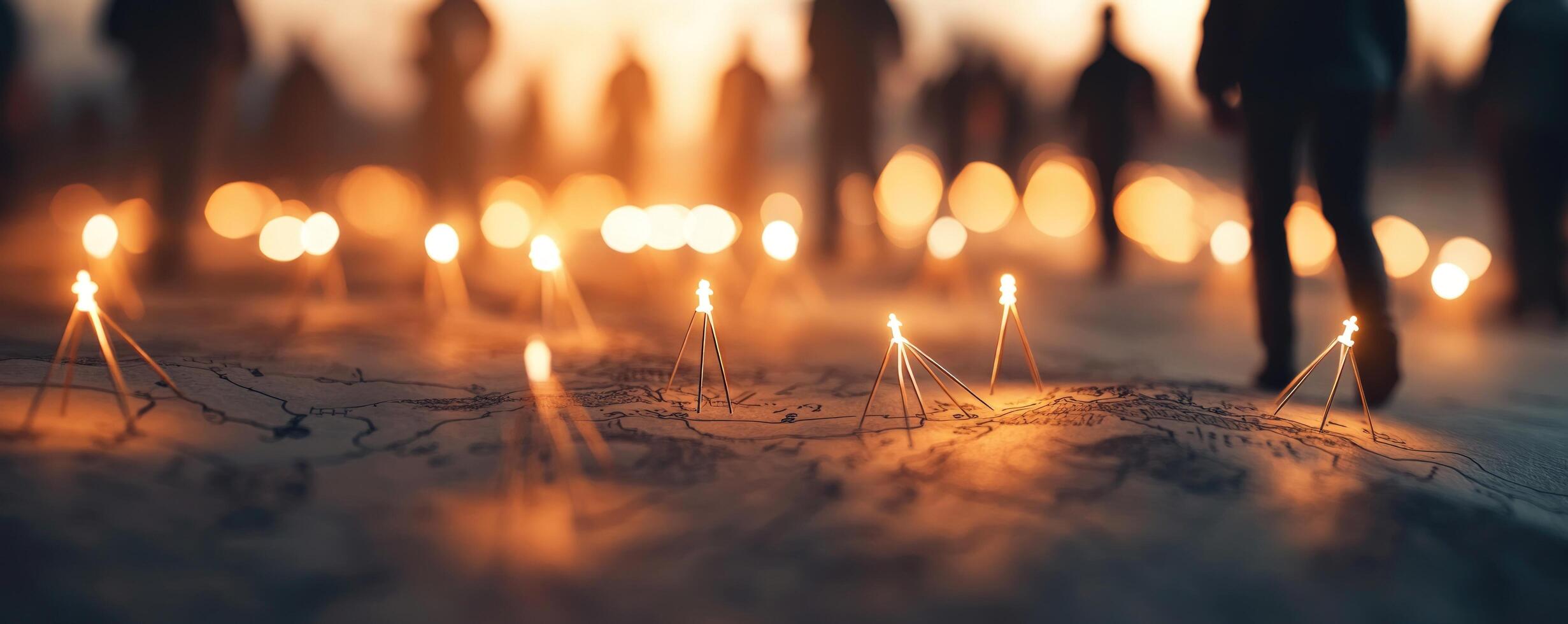 Illuminated figures stand on abstract map light and blur in background photo