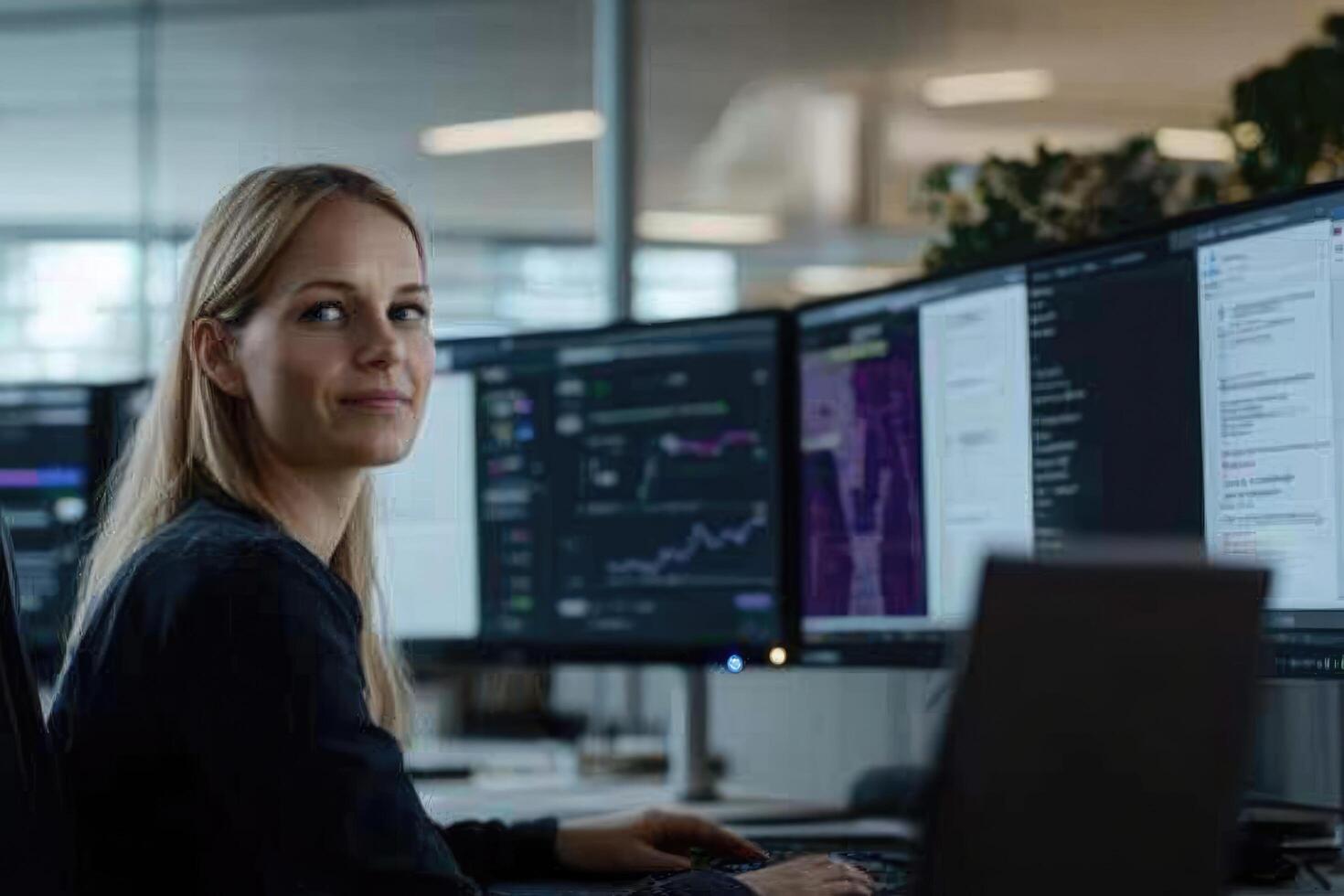 Woman working with data analysis on multiple computer screens in modern office photo
