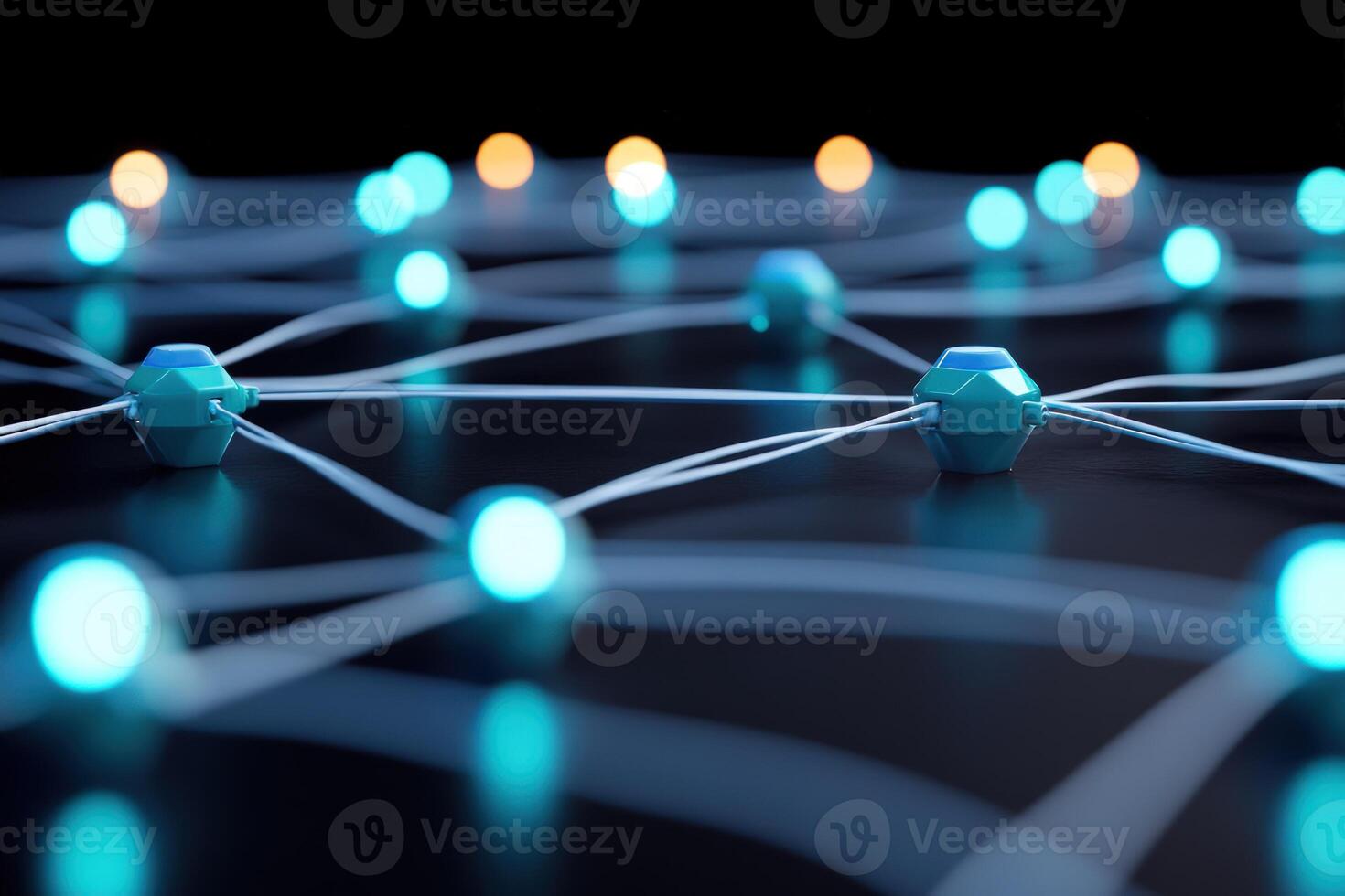 Abstract network connection with nodes and lines connecting data in technology photo